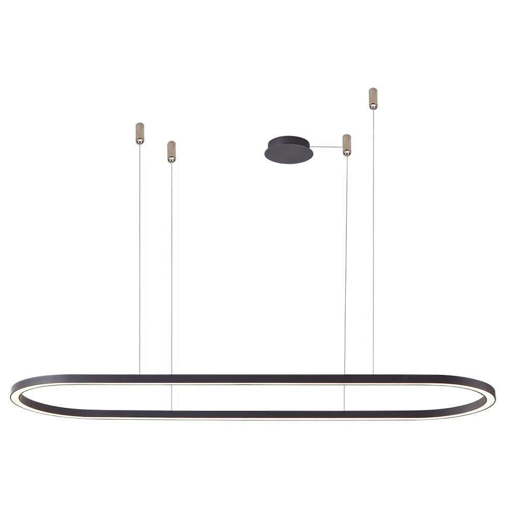 Lampa wisząca LED o nowoczesnym designie, z czarnym, owalnym kloszem zawieszonym na czterech cienkich linkach. Elementy montażowe są w kolorze srebrnym, a lampa posiada funkcję ściemniania.