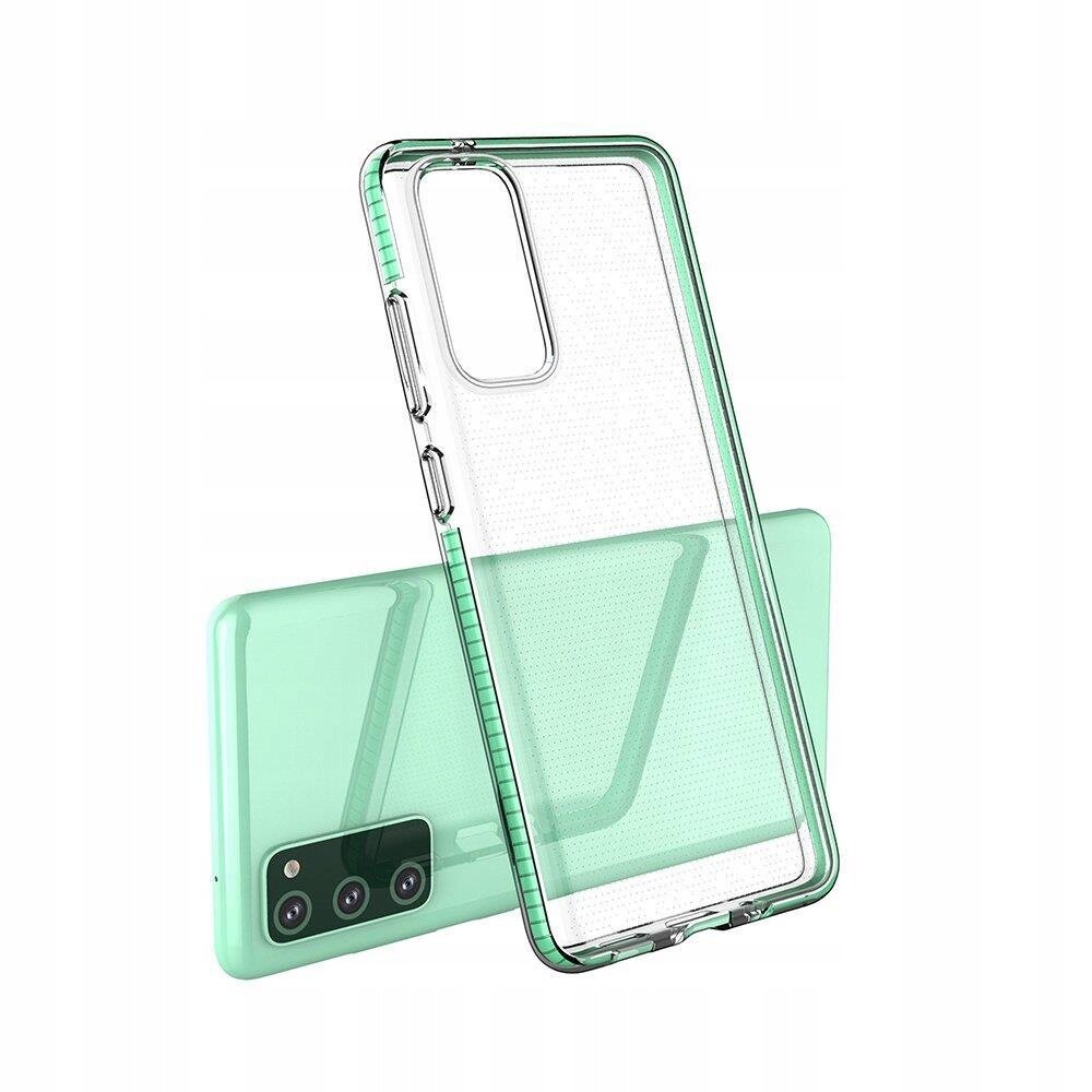 Przezroczyste etui z kolorową ramką w odcieniu zielonym, przeznaczone do telefonu Samsung Galaxy S21+ 5G, przedstawione na białym tle.