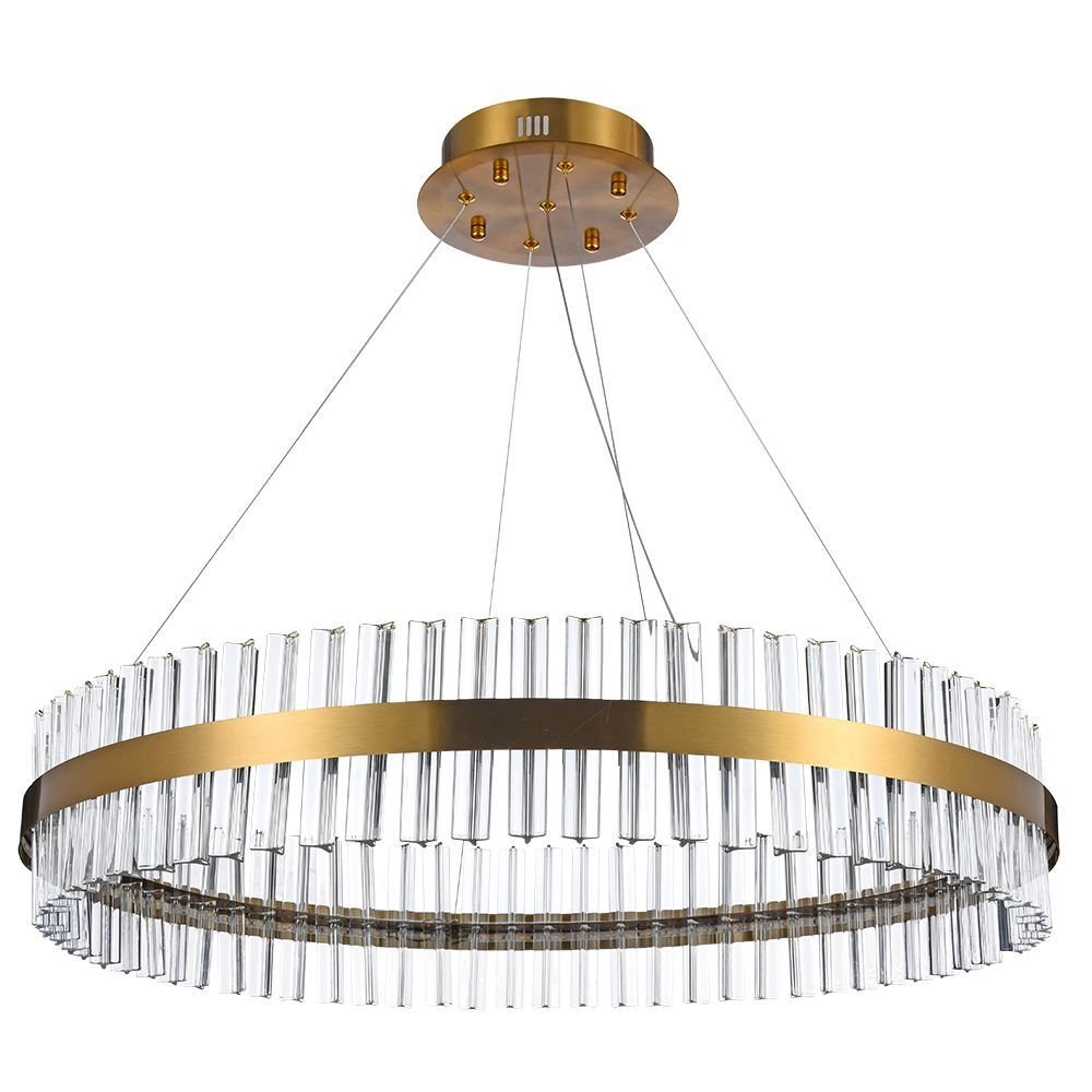 Nowoczesna lampa wisząca LED o okrągłym kształcie z elementami szklanymi i metalowymi w kolorze złotym. Lampa jest zawieszona na cienkich przewodach przymocowanych do okrągłej podstawy sufitowej.