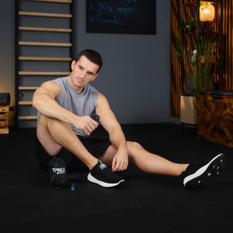 Osoba siedzi na podłodze w siłowni, trzymając w ręku aluminiowy ściskacz do rąk. Obok leży worek z napisem \'TREX SPORT\' oraz drugi ściskacz.