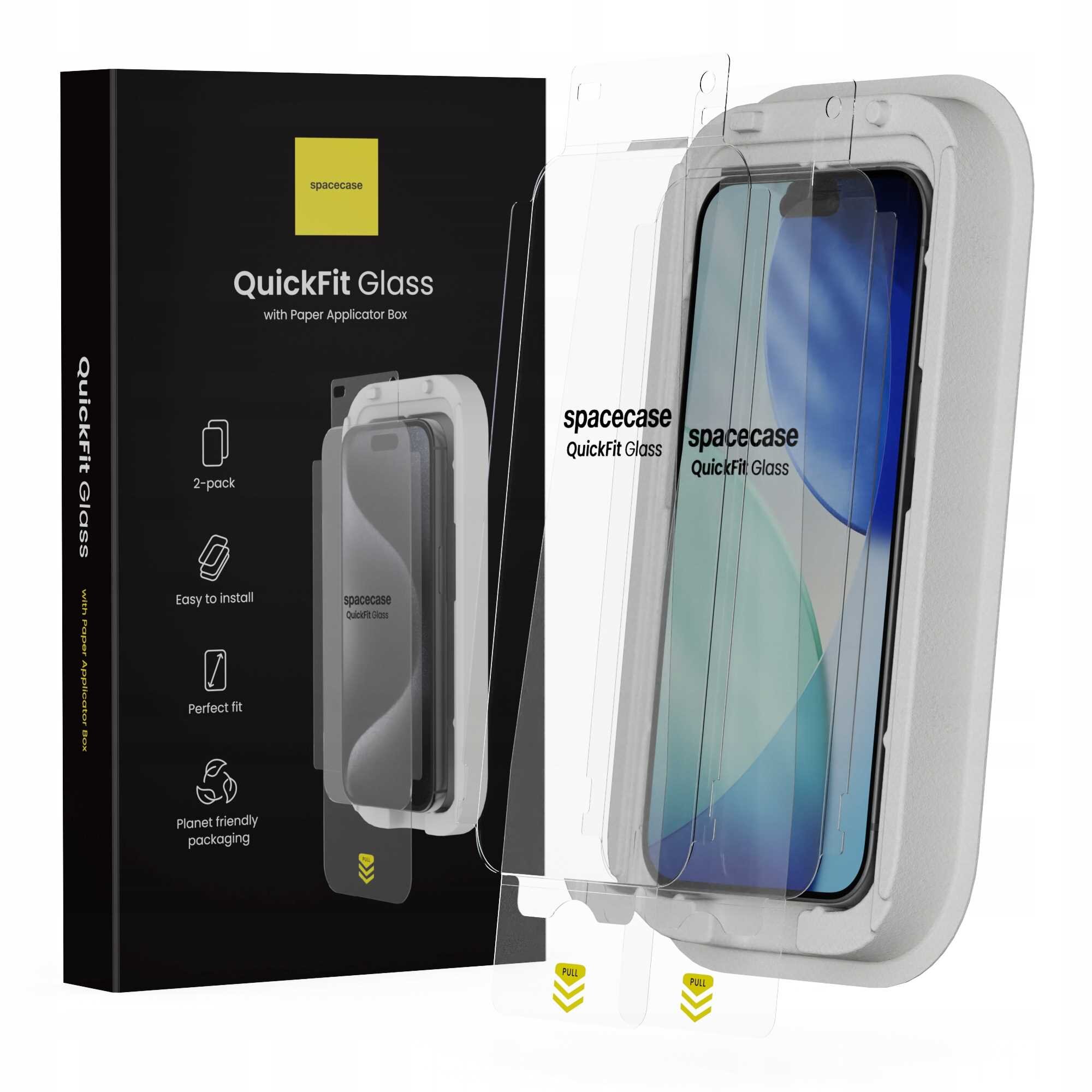 Opakowanie produktu \'QuickFit Glass\' marki spacecase z aplikatorem do telefonu, zawiera dwie sztuki szkła hartowanego. Na opakowaniu widoczne są ikony i napisy: \'2-pack\', \'Easy to install\', \'Perfect fit\', \'Planet friendly packaging\'.