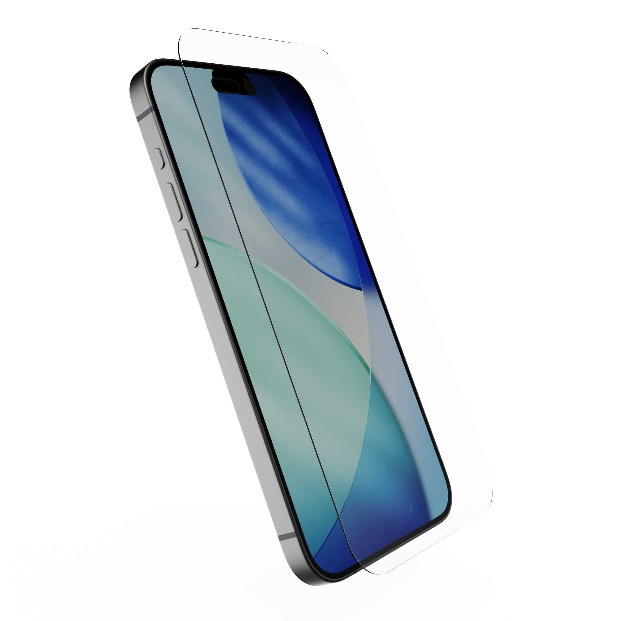 Obraz przedstawia smartfon z nałożonym szkłem hartowanym, które jest lekko uniesione nad ekranem. Ekran telefonu wyświetla abstrakcyjny wzór w odcieniach niebieskiego i zielonego.