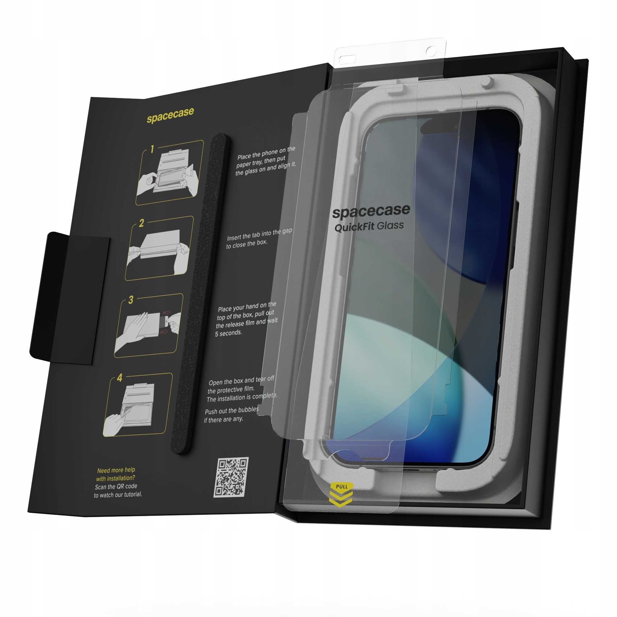 Opakowanie produktu z napisem \'spacecase QuickFit Glass\' zawierające szkło hartowane z aplikatorem. Wewnątrz widoczne są instrukcje montażu oraz kod QR.