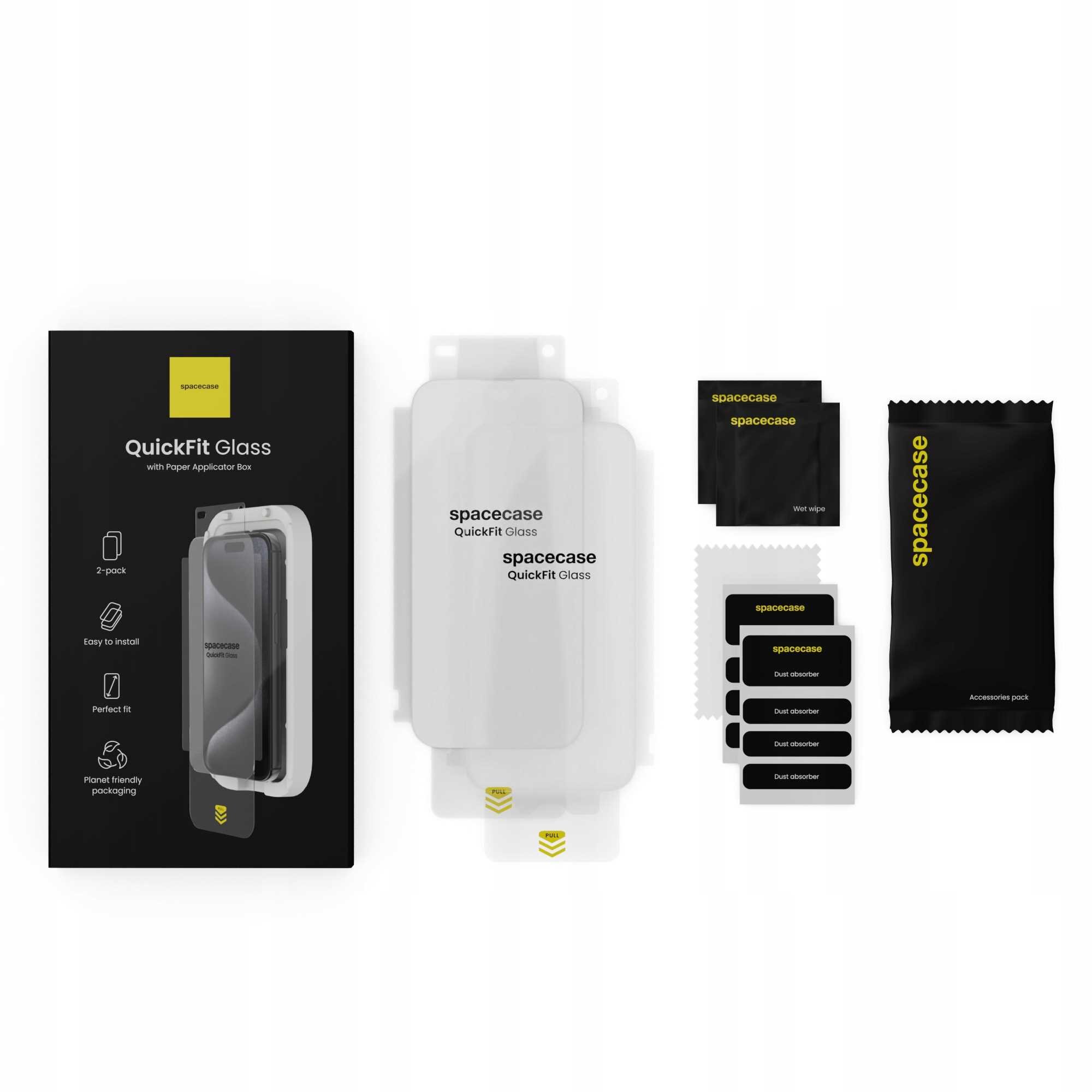 Na obrazie widoczny jest zestaw szkła hartowanego SPACECASE QuickFit Glass, w skład którego wchodzą dwa szkła z aplikatorem, opakowanie oraz akcesoria do czyszczenia. Na opakowaniu znajduje się napis \'QuickFit Glass\' oraz logo \'spacecase\'.