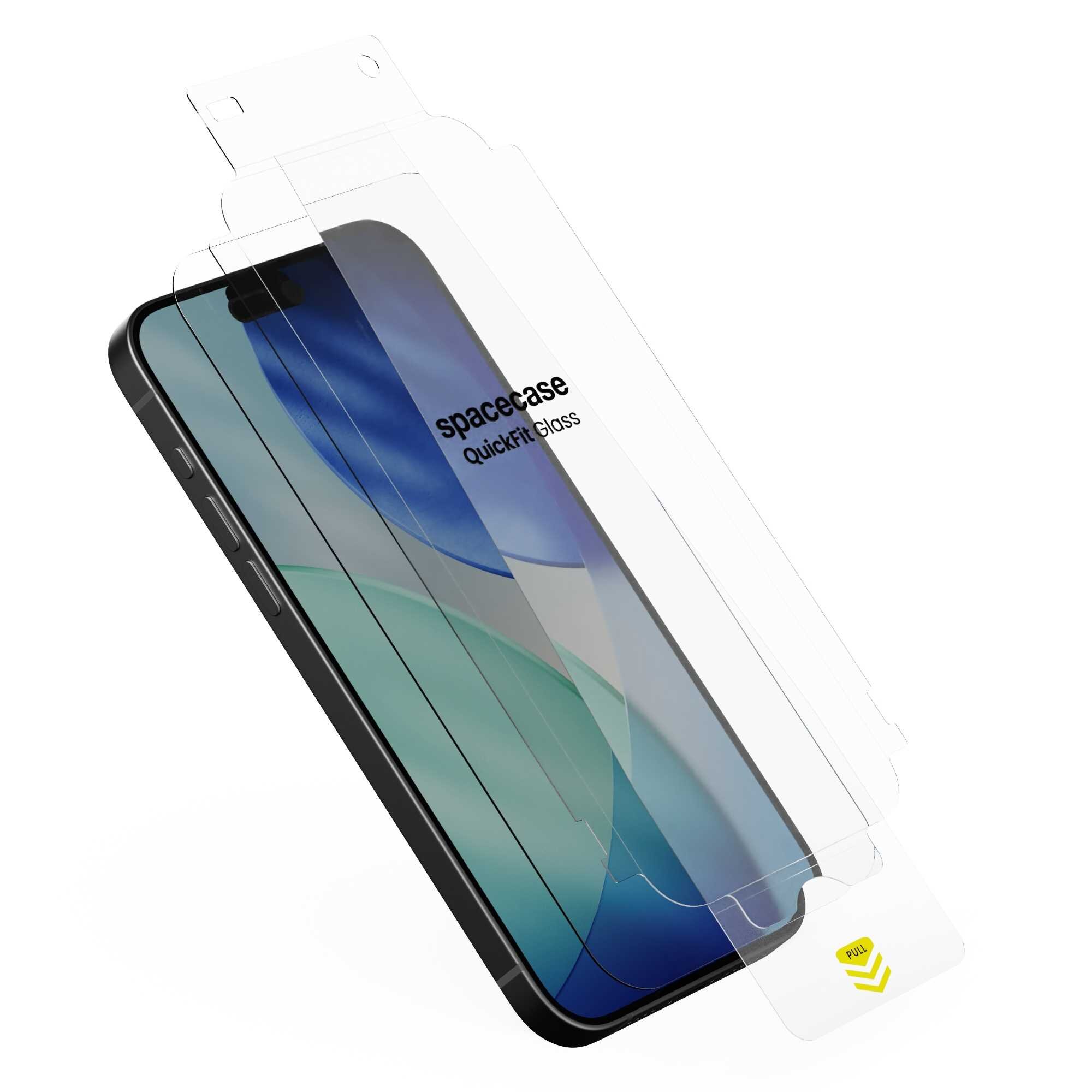 Obraz przedstawia szkło hartowane z aplikatorem nałożone na ekran smartfona. Na szkle widoczny jest napis \'spacecase QuickFit Glass\'.