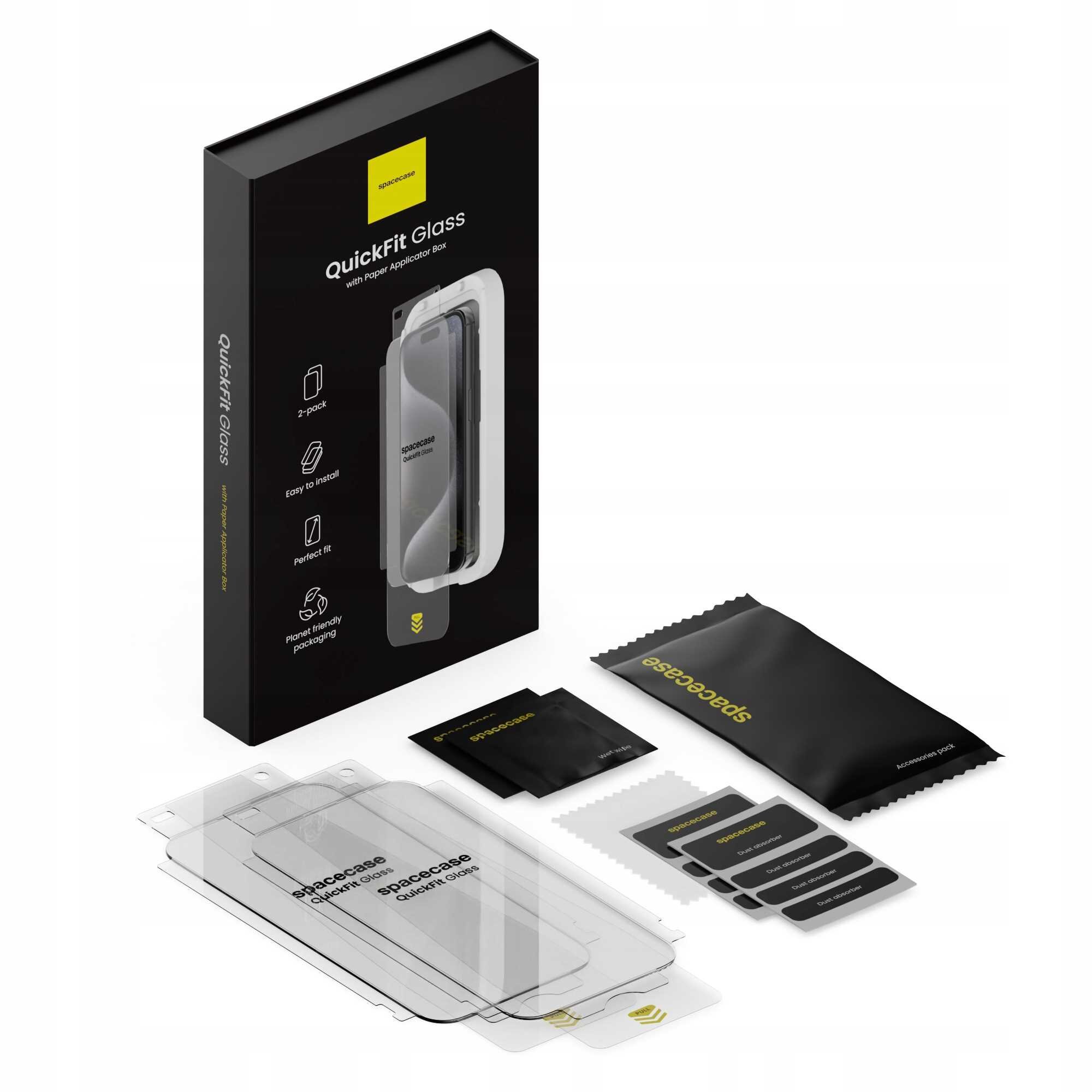Na obrazie widoczny jest zestaw szkła hartowanego SPACECASE QuickFit Glass do iPhone 16 Pro Max, w skład którego wchodzą dwa szkła, aplikator oraz akcesoria do montażu. Opakowanie jest czarne z białymi napisami, a na nim widnieje logo spacecase.