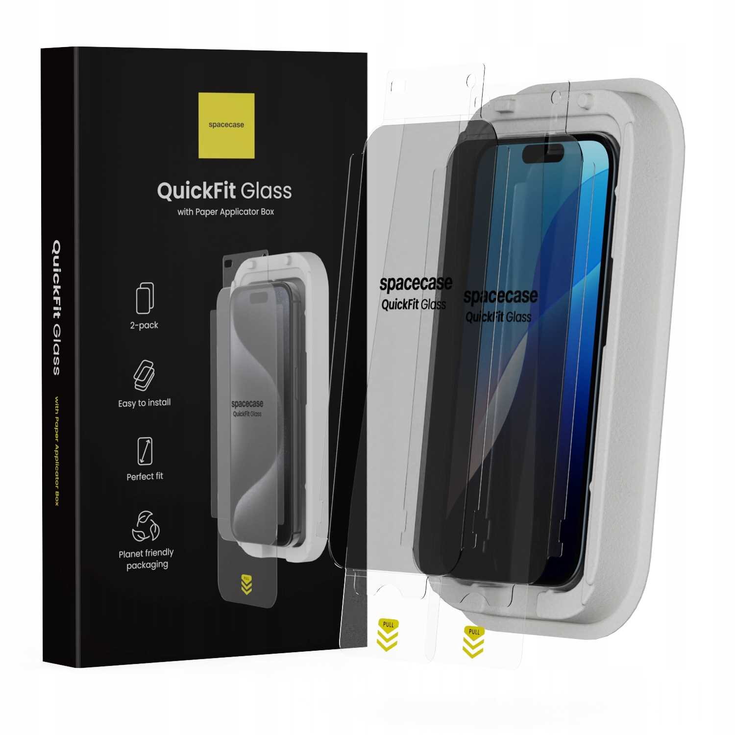 Opakowanie produktu \'QuickFit Glass\' marki spacecase z aplikatorem papierowym, zawierające dwa szkła ochronne. Na opakowaniu widoczne są ikony i napisy: \'2-pack\', \'Easy to install\', \'Perfect fit\', \'Planet friendly packaging\'.