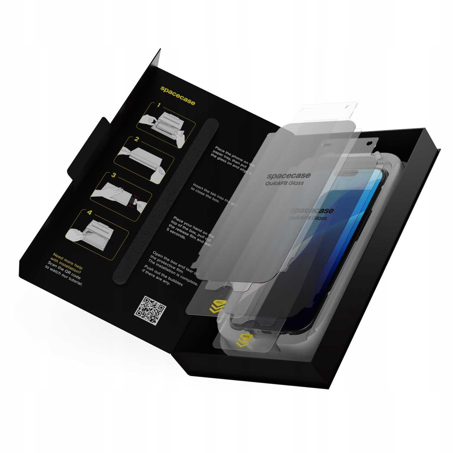 Opakowanie produktu SPACECASE QuickFit Privacy Glass do iPhone 15/16 z widocznymi instrukcjami montażu i aplikatorem. Na opakowaniu znajduje się logo \'spacecase\'.
