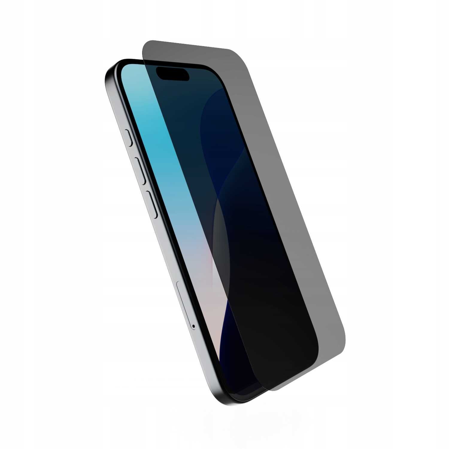 Obraz przedstawia smartfon z nałożonym szkłem prywatyzującym, które jest lekko uniesione nad ekranem. Szkło ma ciemny odcień, a telefon jest widoczny z boku, ukazując przyciski boczne.