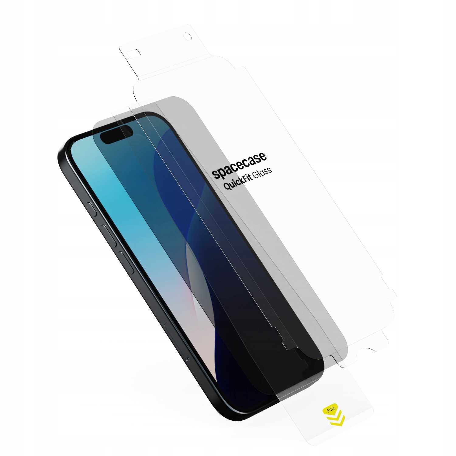 Obraz przedstawia telefon z nałożonym szkłem ochronnym, na którym widnieje napis \'spacecase QuickFit Glass\'. W dolnej części szkła znajduje się żółty symbol z napisem \'Pull\'.