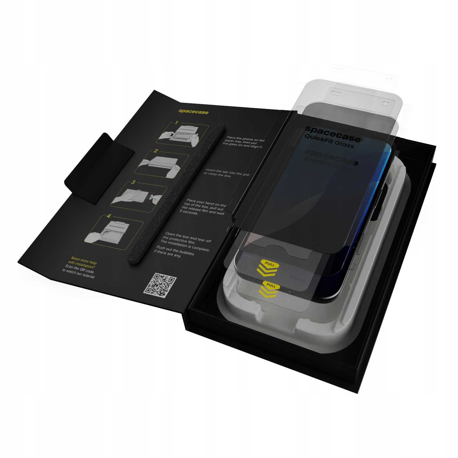 Opakowanie produktu SPACECASE QuickFit Privacy Glass do iPhone 15/16 z widocznym szkłem prywatyzującym i aplikatorem. Na wewnętrznej stronie opakowania znajdują się instrukcje montażu oraz kod QR.