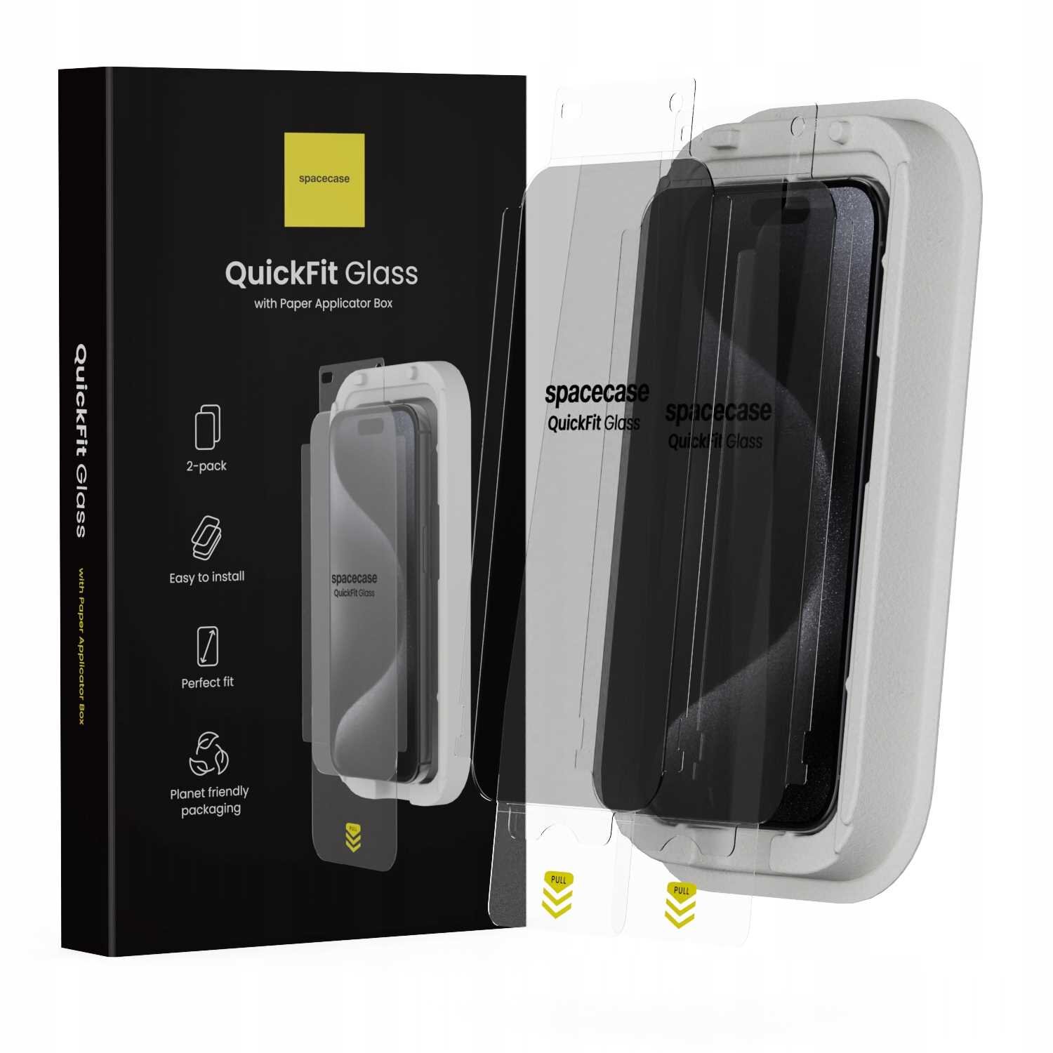 Opakowanie produktu \'QuickFit Glass\' marki spacecase z aplikatorem papierowym, zawierające dwa szkła ochronne. Na opakowaniu widoczne są ikony z napisami: \'2-pack\', \'Easy to install\', \'Perfect fit\', \'Planet friendly packaging\'.