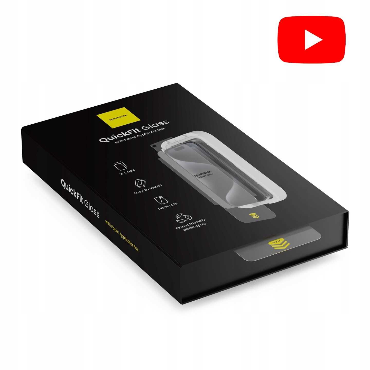 Opakowanie produktu QuickFit Glass z aplikatorem, zawierające szkło prywatyzujące do iPhone 15/16. Na opakowaniu widoczne są ikony i napisy: \'2-pack\', \'Easy to install\', \'Perfect fit\', \'Impact resistant packaging\'.