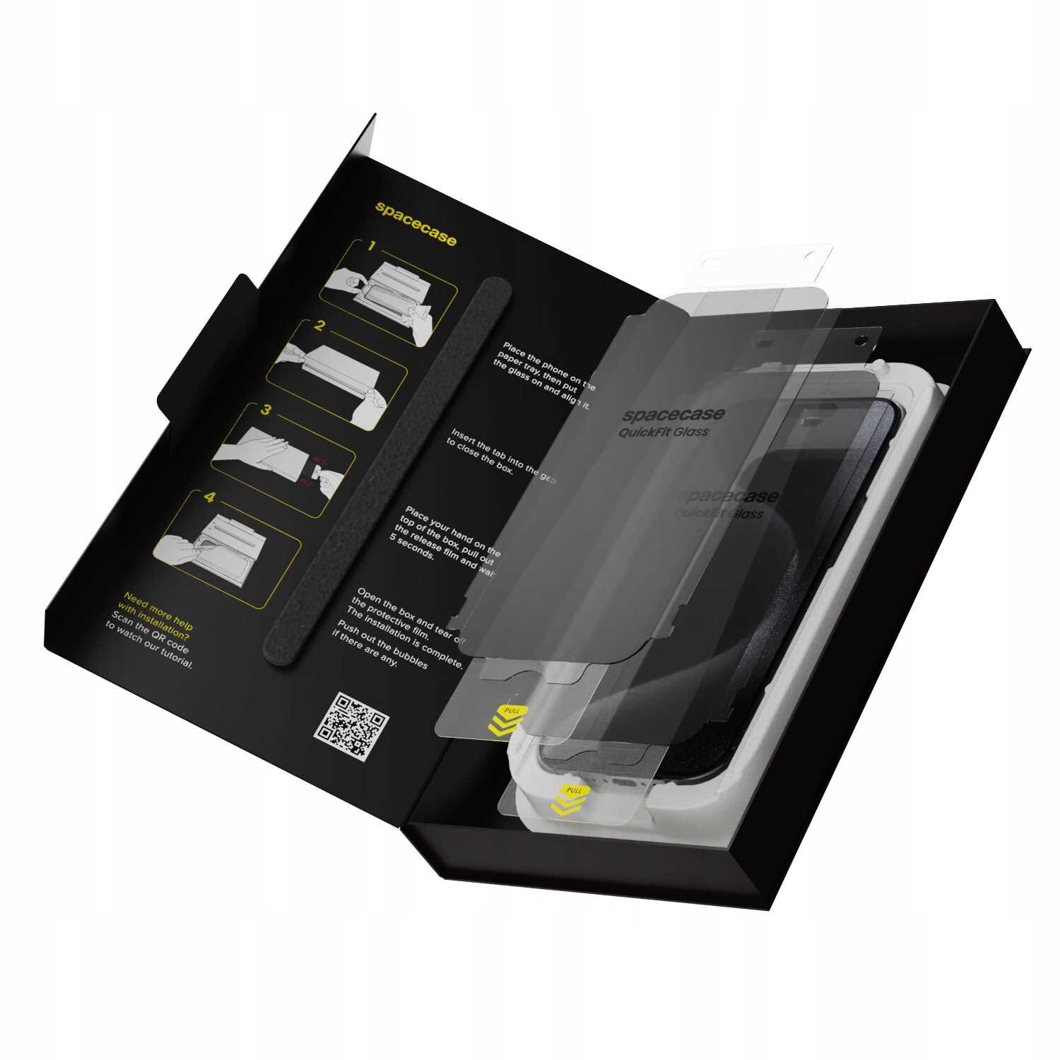 Otwarta czarna pudełko z instrukcją montażu szkła prywatyzującego SPACECASE QuickFit Glass do iPhone 15 Pro. Wewnątrz widoczne są dwa arkusze szkła oraz aplikator, a na opakowaniu znajduje się logo spacecase.