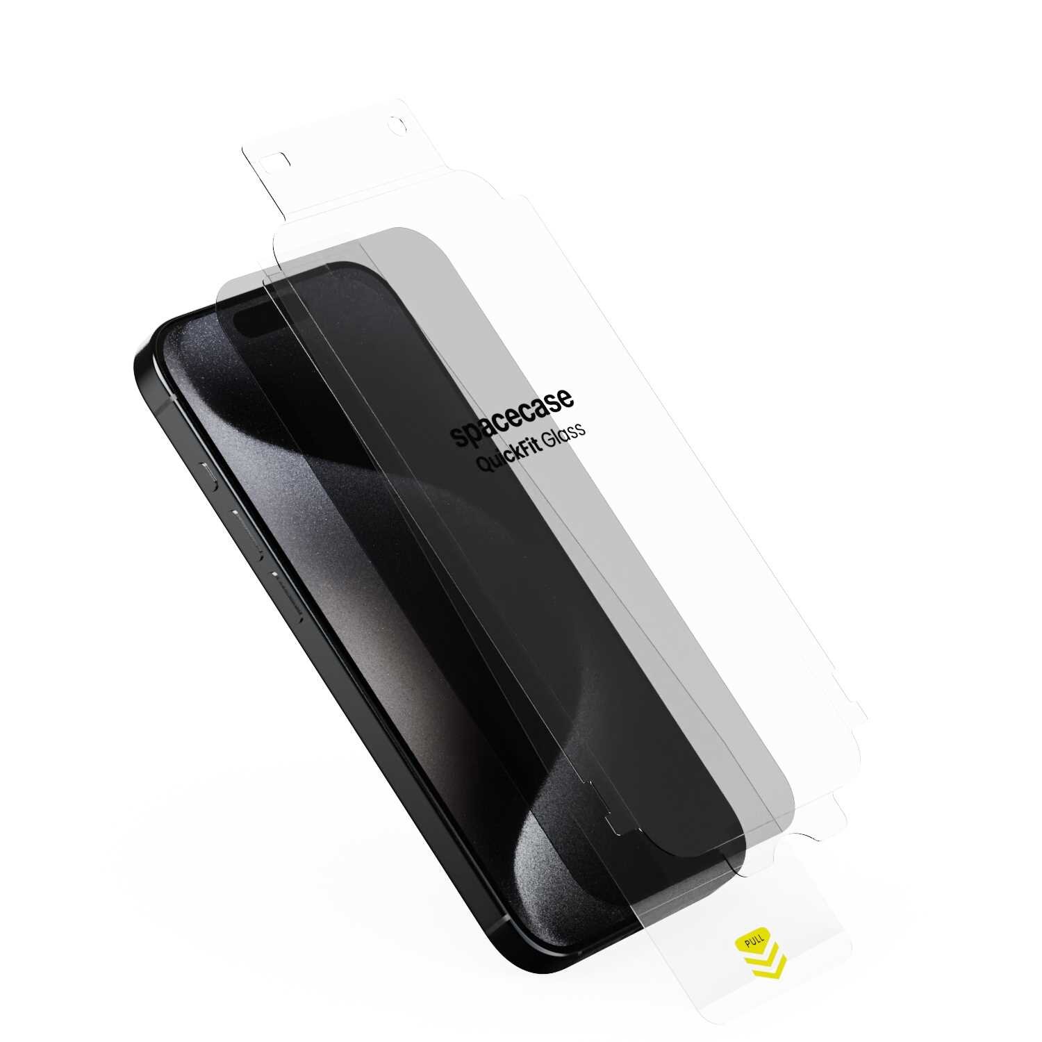 Obraz przedstawia telefon z nałożonym szkłem ochronnym, na którym widnieje napis \'spacecase QuickFit Glass\'. Szkło ma przezroczystą powierzchnię i jest pokazane w pozycji aplikacji na urządzenie.