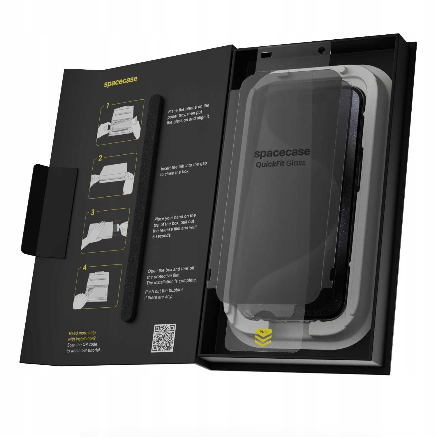 Opakowanie produktu \'spacecase QuickFit Glass\' z instrukcją montażu na wewnętrznej stronie. W środku znajduje się szkło ochronne z napisem \'spacecase QuickFit Glass\' oraz aplikator.