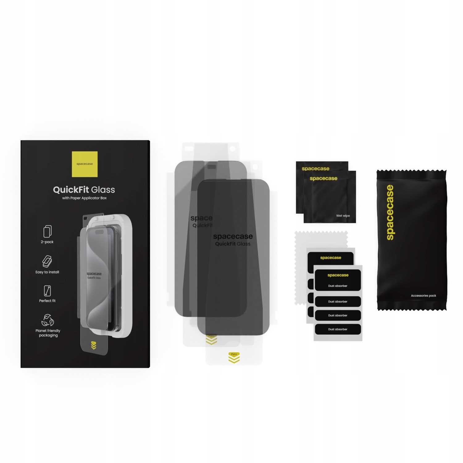 Na obrazie widoczny jest zestaw szkła prywatyzującego SPACECASE QuickFit Glass, w skład którego wchodzą dwa szkła, aplikator oraz akcesoria do czyszczenia. Opakowanie jest czarne z żółtym logo i napisem \'QuickFit Glass\'.