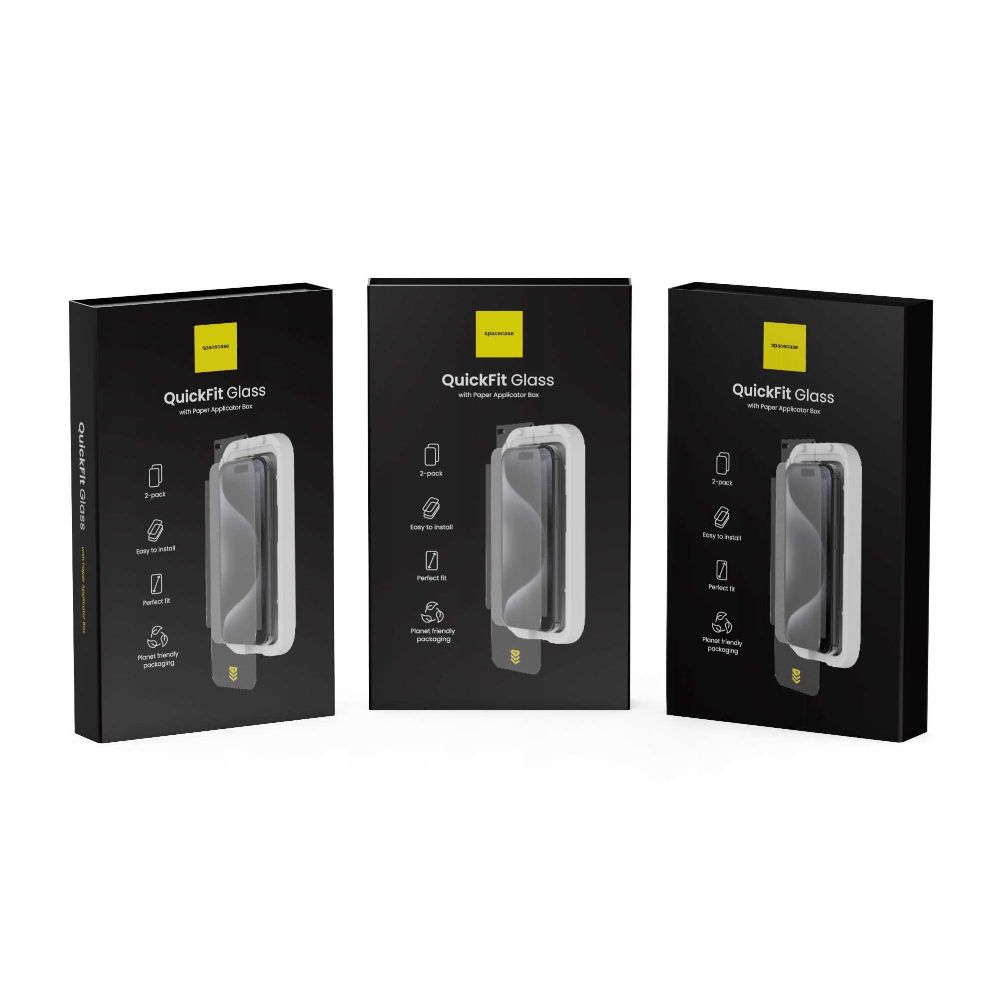 Trzy czarne opakowania z napisem \'QuickFit Glass\' i logo \'SPACECASE\' na żółtym tle. Na opakowaniach widoczne są ikony i teksty: \'2-pack\', \'Easy to install\', \'Perfect fit\', \'iPhone friendly packaging\'.