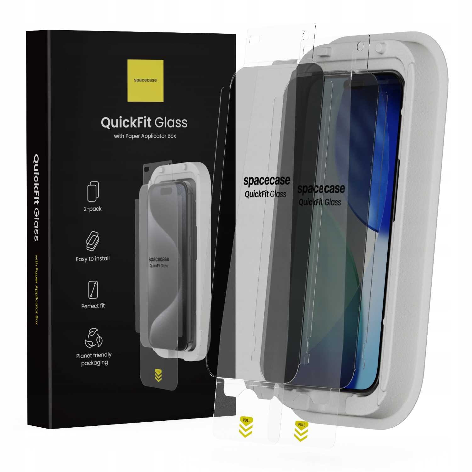 Na obrazie widoczny jest zestaw dwóch szkieł ochronnych QuickFit Glass marki spacecase, przeznaczonych do iPhone 16 Pro Max / 17 Pro Max, wraz z opakowaniem. Opakowanie zawiera informacje: \'2-pack\', \'Easy to install\', \'Perfect fit\', \'Planet friendly packaging\'.