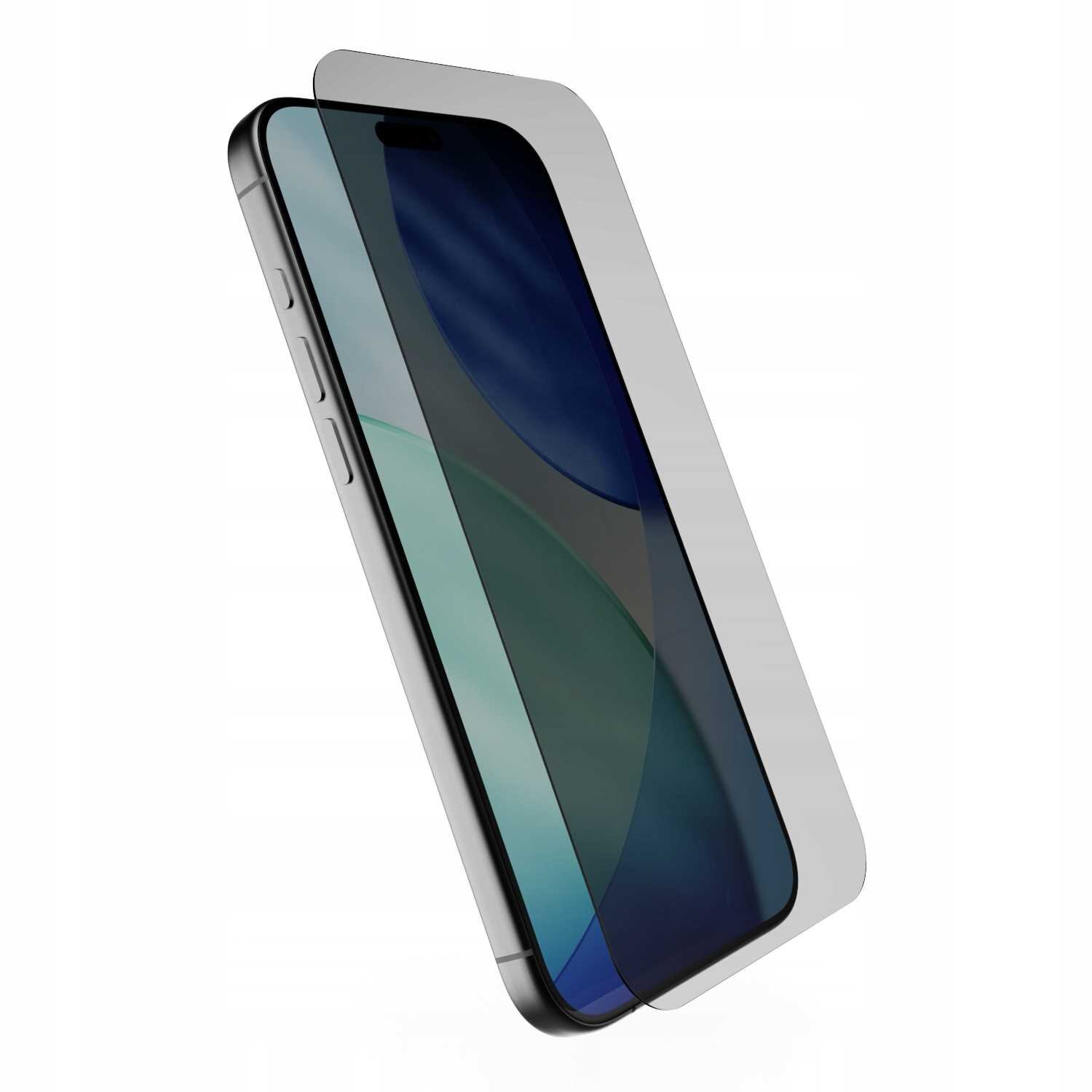 Obraz przedstawia telefon z nałożonym szkłem ochronnym, które jest lekko uniesione nad ekranem. Szkło ma ciemny odcień, co sugeruje funkcję prywatyzującą.