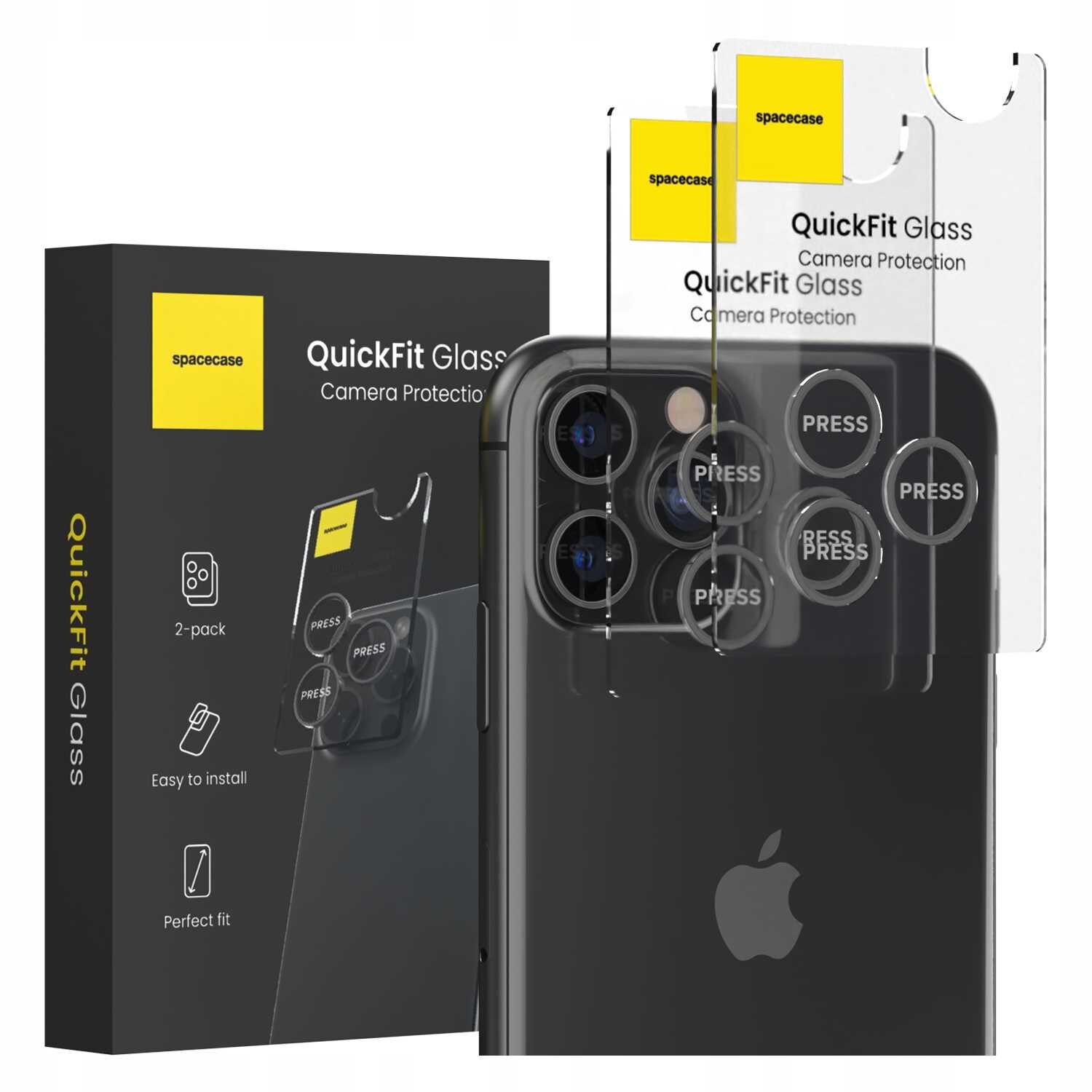 Na obrazie widoczny jest czarny telefon z nałożonym szkłem ochronnym na aparat oraz opakowanie produktu z napisem \'spacecase QuickFit Glass Camera Protection\'. Na szkło ochronne naniesione są okręgi z napisem \'PRESS\'.