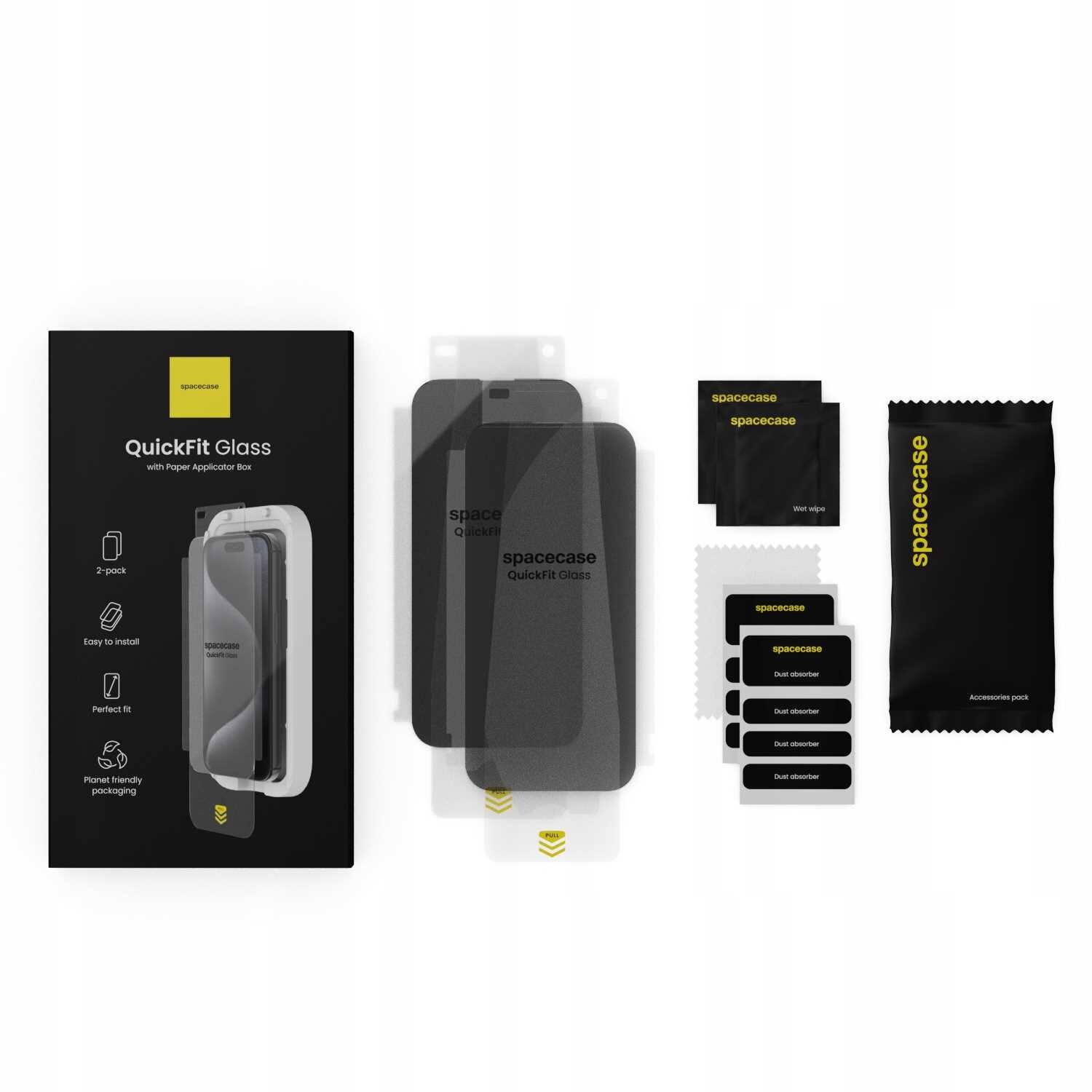 Na obrazie widoczny jest zestaw szkła ochronnego QuickFit Glass marki spacecase, zawierający dwa szkła, ściereczki oraz akcesoria do czyszczenia. Opakowanie jest czarne z żółtym logo spacecase i zawiera informacje o łatwości montażu oraz przyjaznym dla telefonu opakowaniu.