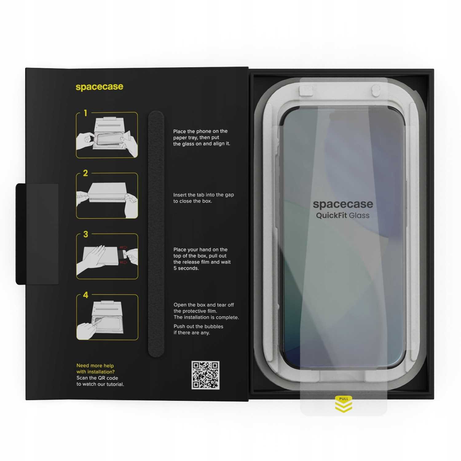 Opakowanie produktu SPACECASE QuickFit Glass z instrukcją montażu po lewej stronie i szkłem ochronnym po prawej. Na opakowaniu widoczny jest tekst: \'spacecase QuickFit Glass\'.