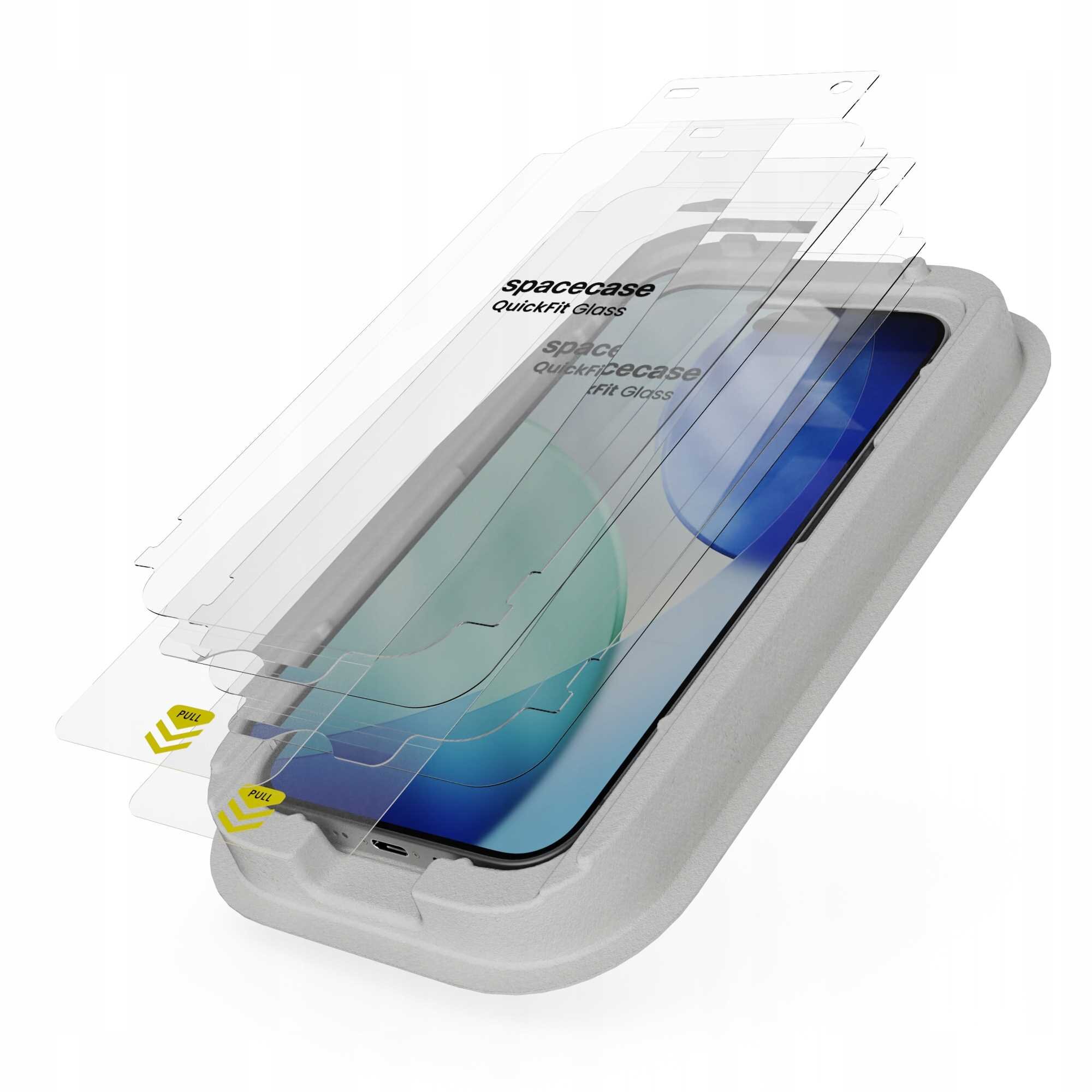 Na obrazie widoczne są przezroczyste warstwy szkła hartowanego z napisem \'spacecase QuickFit Glass\', umieszczone nad ekranem telefonu w aplikatorze. Na dolnej części szkła znajdują się żółte strzałki z napisem \'PULL\'.