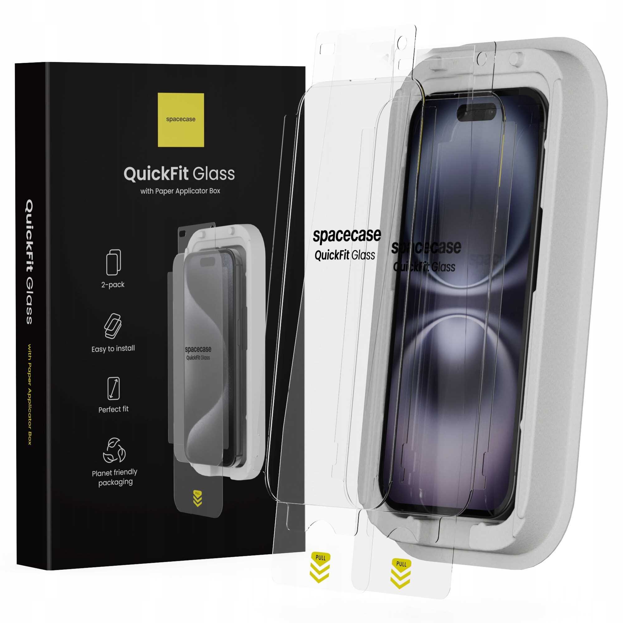 Na obrazie widoczny jest zestaw szkła hartowanego SPACECASE QuickFit Glass z aplikatorem, przeznaczony do iPhone 15/16. Opakowanie zawiera informacje: \'2-pack\', \'Easy to install\', \'Perfect fit\', \'Planet friendly packaging\'.