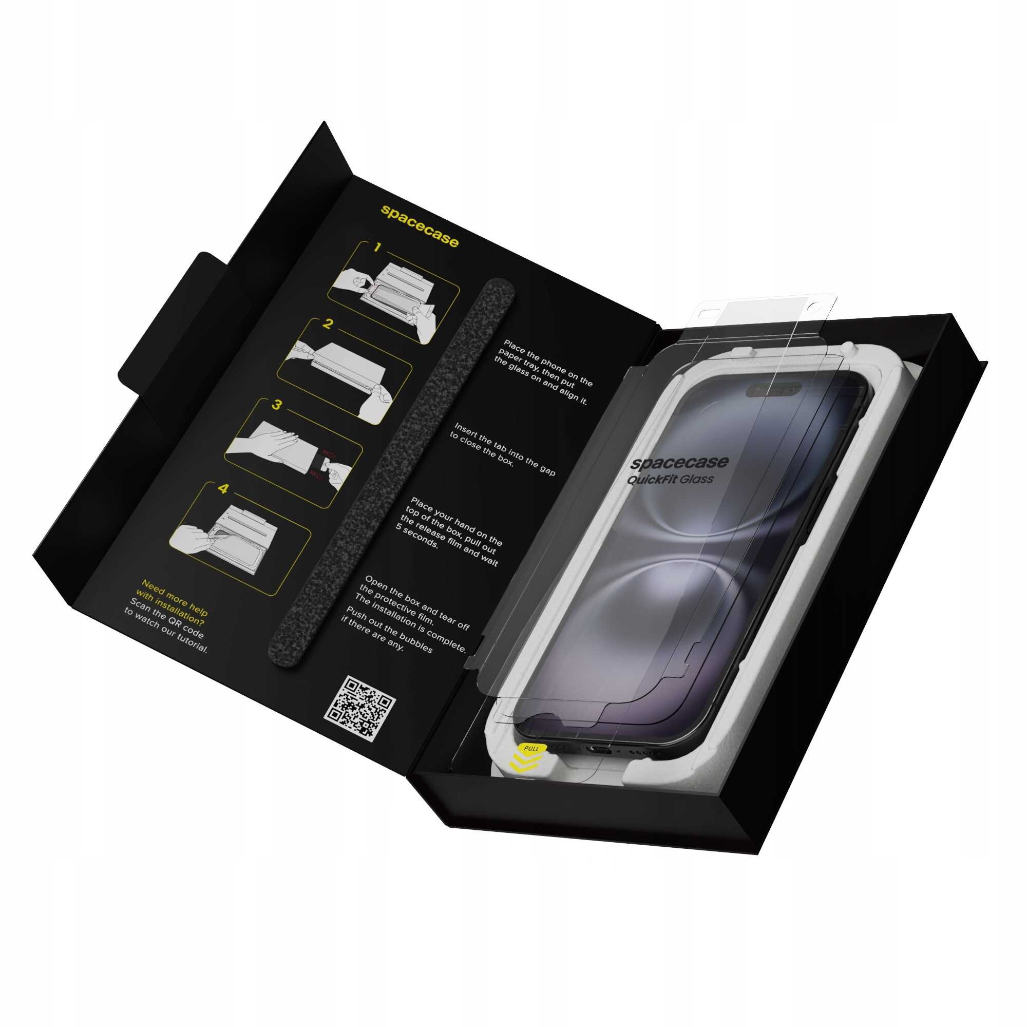 Otwarta czarna pudełko z produktem SPACECASE QuickFit Glass, zawierające szkło hartowane do iPhone\'a. Na wewnętrznej stronie opakowania znajdują się instrukcje montażu oraz logo \'spacecase\'.