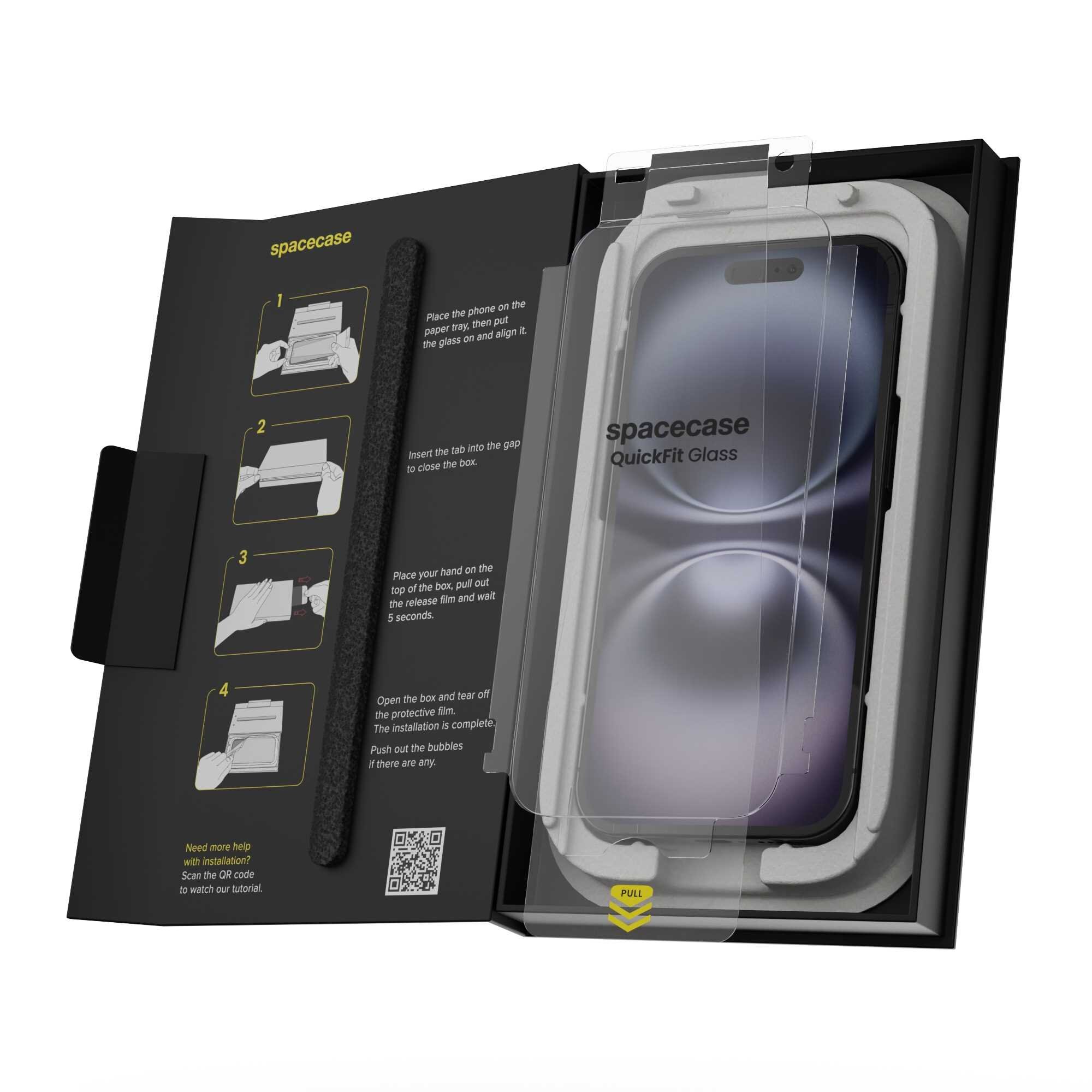 Opakowanie produktu SPACECASE QuickFit Glass z instrukcją montażu i widocznym szkłem hartowanym na telefon. Na opakowaniu znajduje się tekst: \'spacecase QuickFit Glass\' oraz instrukcje w języku angielskim.