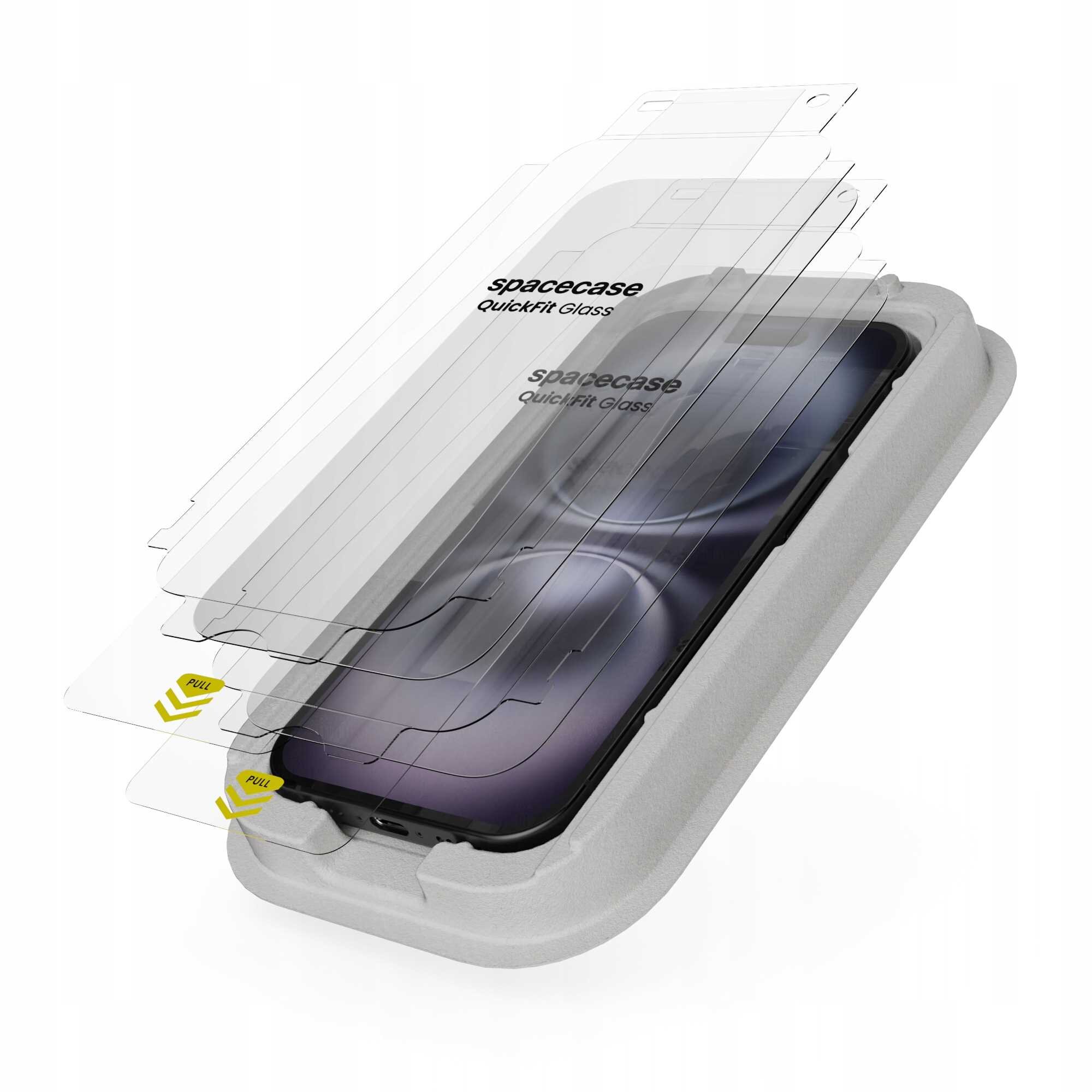 Na obrazie widoczne są przezroczyste warstwy szkła hartowanego z napisem \'spacecase QuickFit Glass\', umieszczone nad telefonem w szarej ramce. Na dolnej warstwie znajduje się żółty symbol z napisem \'PULL\'.