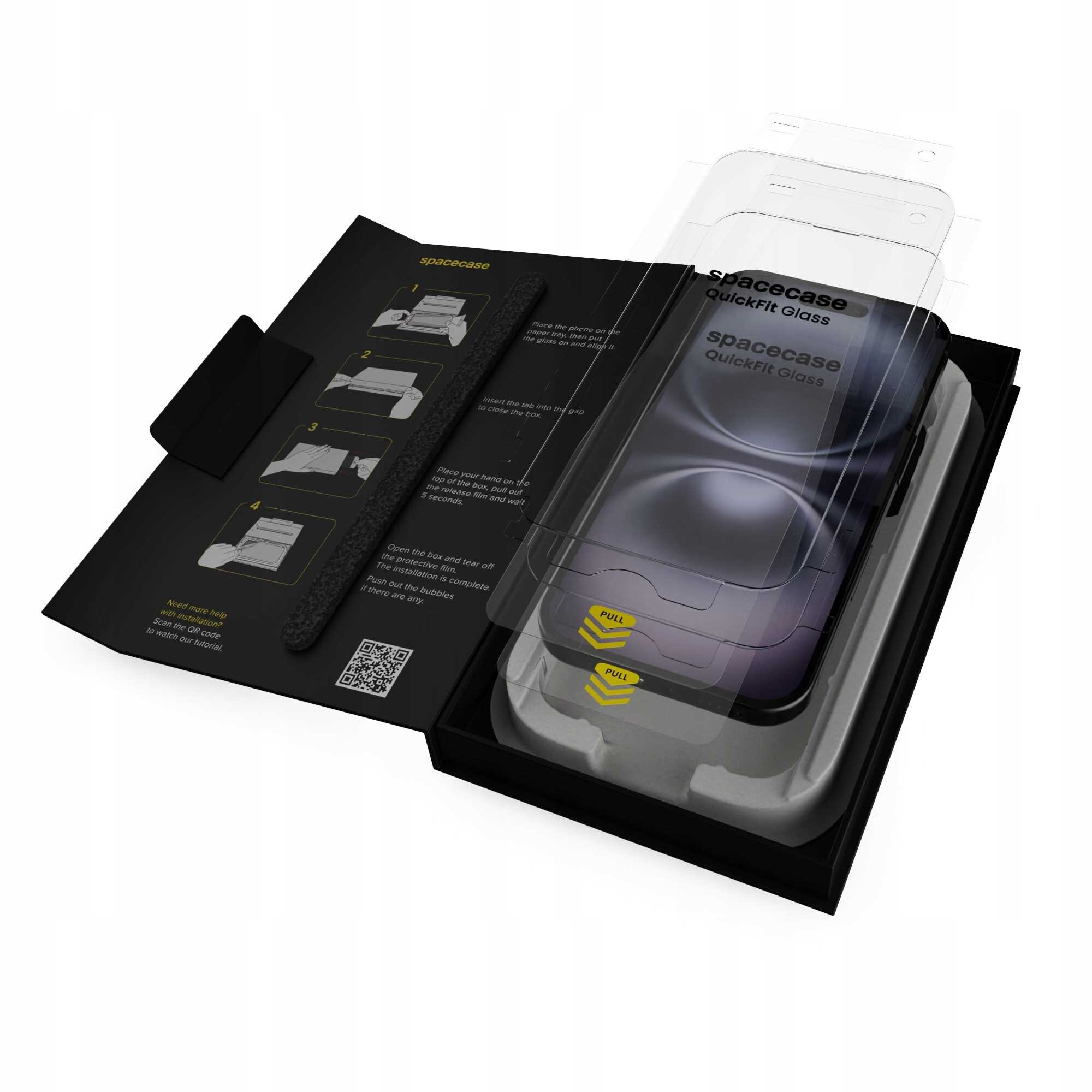 Opakowanie produktu SPACECASE QuickFit Glass z widocznymi dwoma warstwami szkła hartowanego i aplikatorem. Na opakowaniu znajdują się instrukcje montażu oraz logo spacecase.