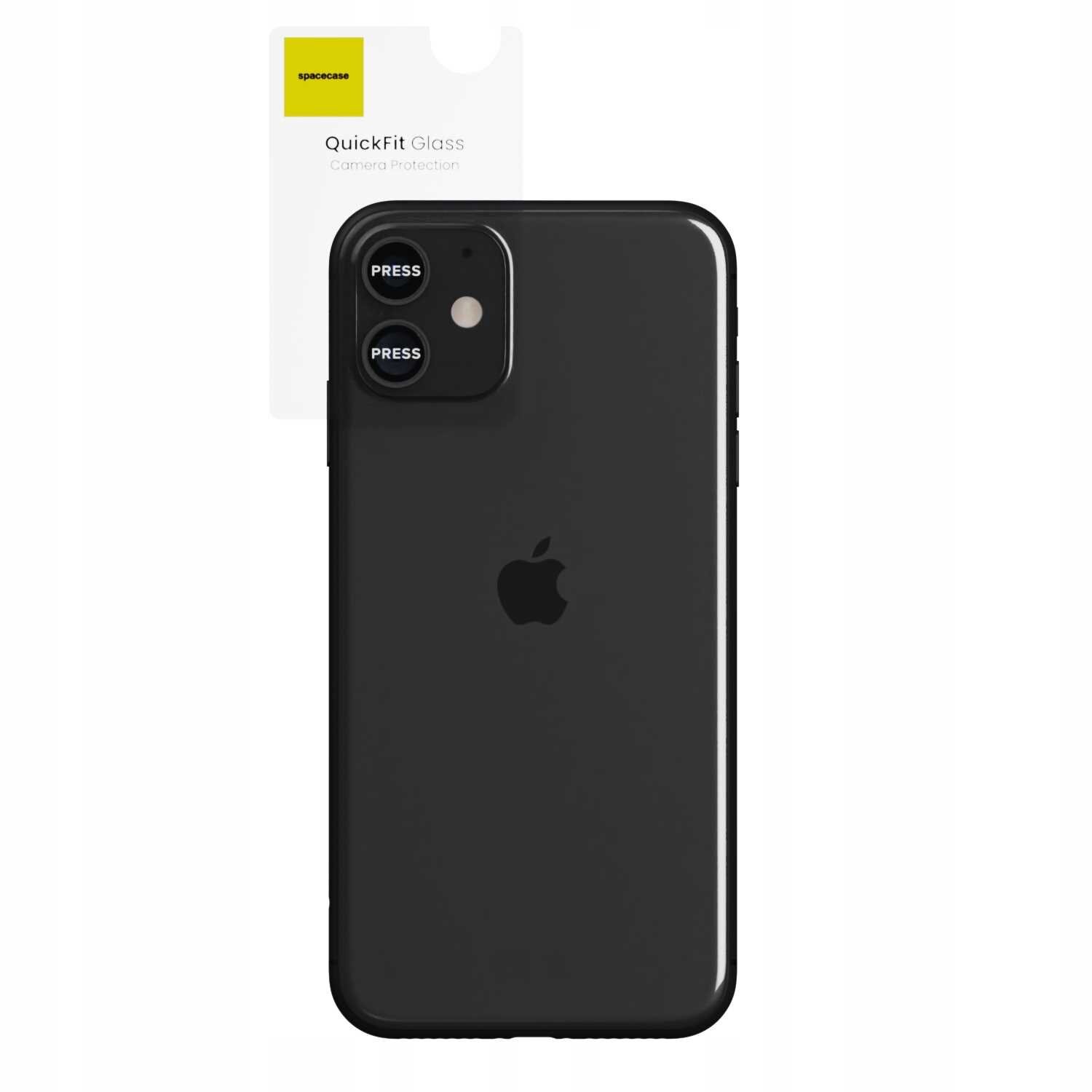 Czarny telefon z widocznym logo jabłka na tylnej obudowie oraz dwoma okrągłymi osłonami na aparacie z napisem \'PRESS\'. W tle znajduje się opakowanie z napisem \'spacecase QuickFit Glass Camera Protection\'.
