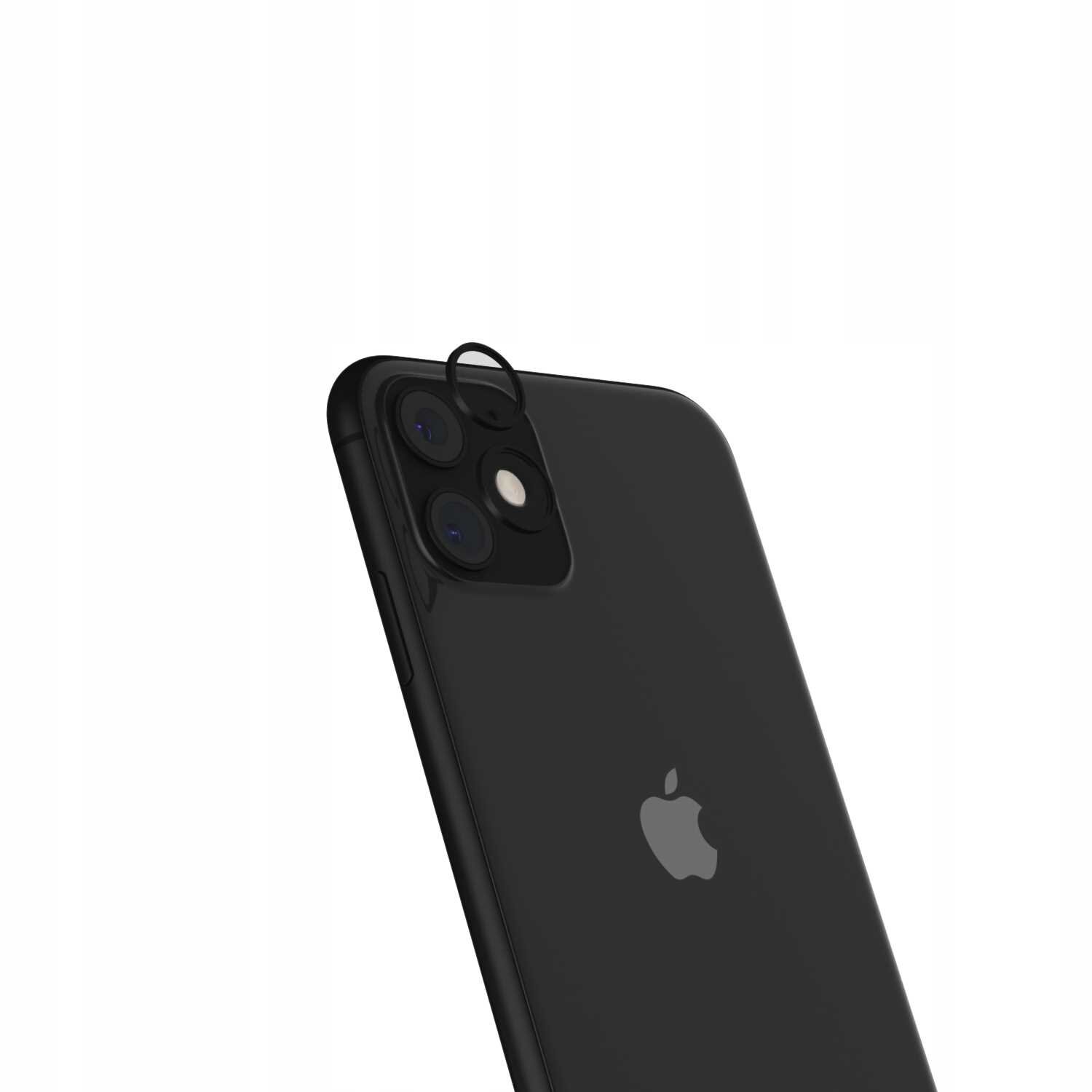 Czarny telefon z widocznym logo w kształcie jabłka, posiadający dwa obiektywy aparatu i lampę błyskową. Na jednym z obiektywów znajduje się aplikator do szkła ochronnego.