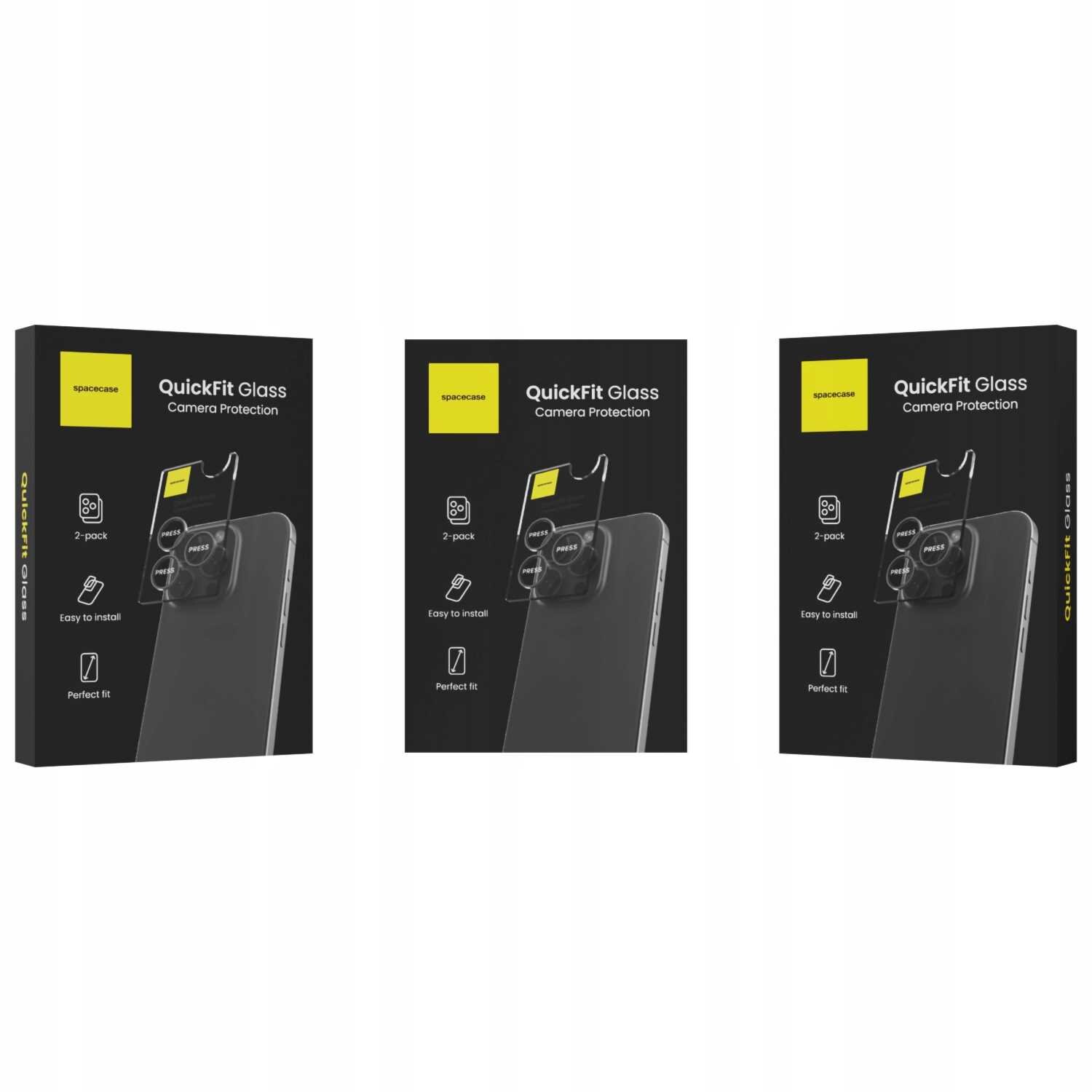 Trzy opakowania produktu \'QuickFit Glass Camera Protection\' marki spacecase, przedstawiające szkło ochronne na aparat telefonu. Na opakowaniach widoczne są ikony z informacjami: \'2-pack\', \'Easy to install\', \'Perfect fit\'.
