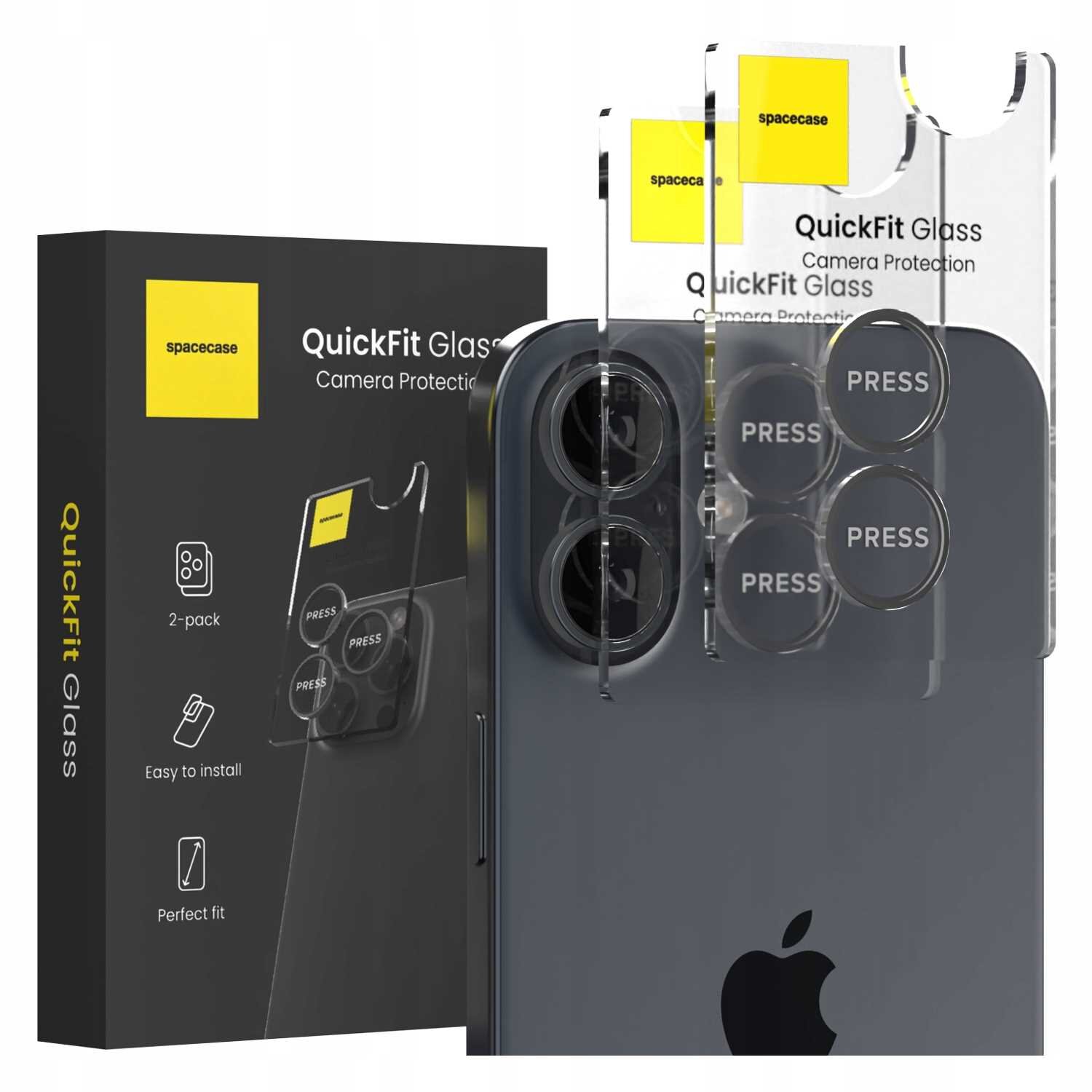 Na obrazie widoczny jest telefon z nałożonym szkłem ochronnym na aparat oraz opakowanie produktu z napisem \'QuickFit Glass Camera Protection\'. Na szkło ochronne naniesione są napisy \'PRESS\', a na opakowaniu znajduje się logo \'spacecase\'.