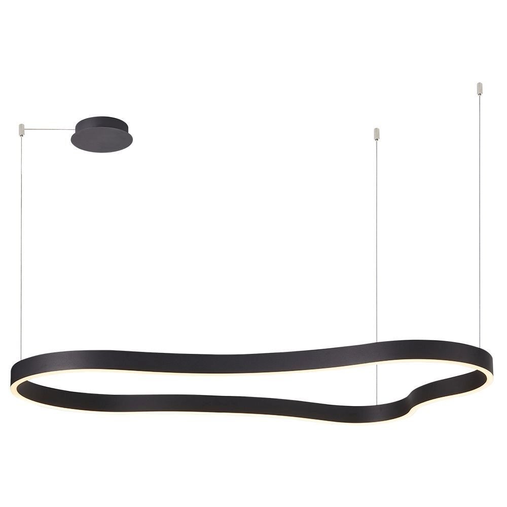 Czarna, falista lampa wisząca LED zawieszona na cienkich linkach. Lampa ma nowoczesny design i emituje światło od spodu.