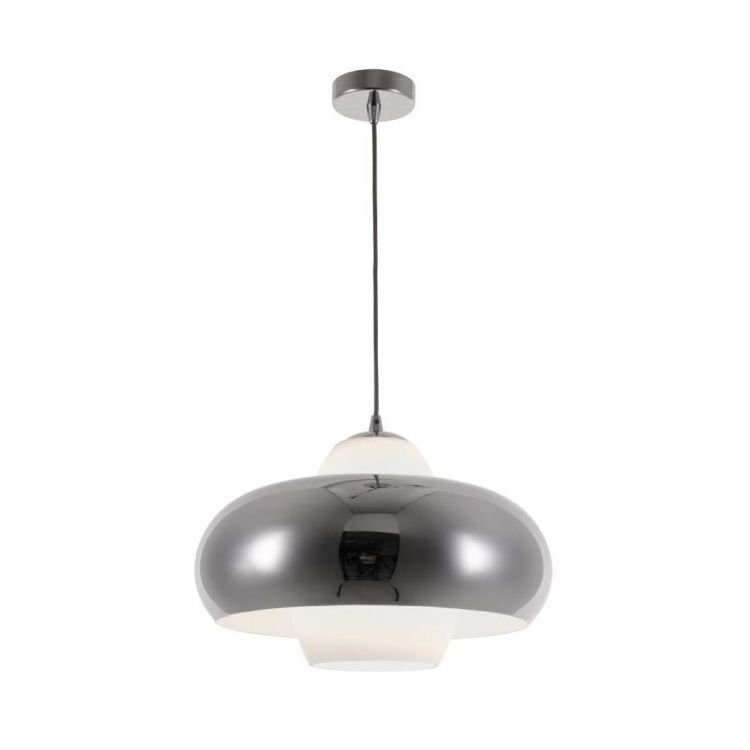 Nowoczesna lampa wisząca z metalicznym kloszem w kształcie kopuły, zawieszona na cienkim przewodzie. Klosz ma błyszczące wykończenie i jest połączony z białym elementem wewnętrznym.