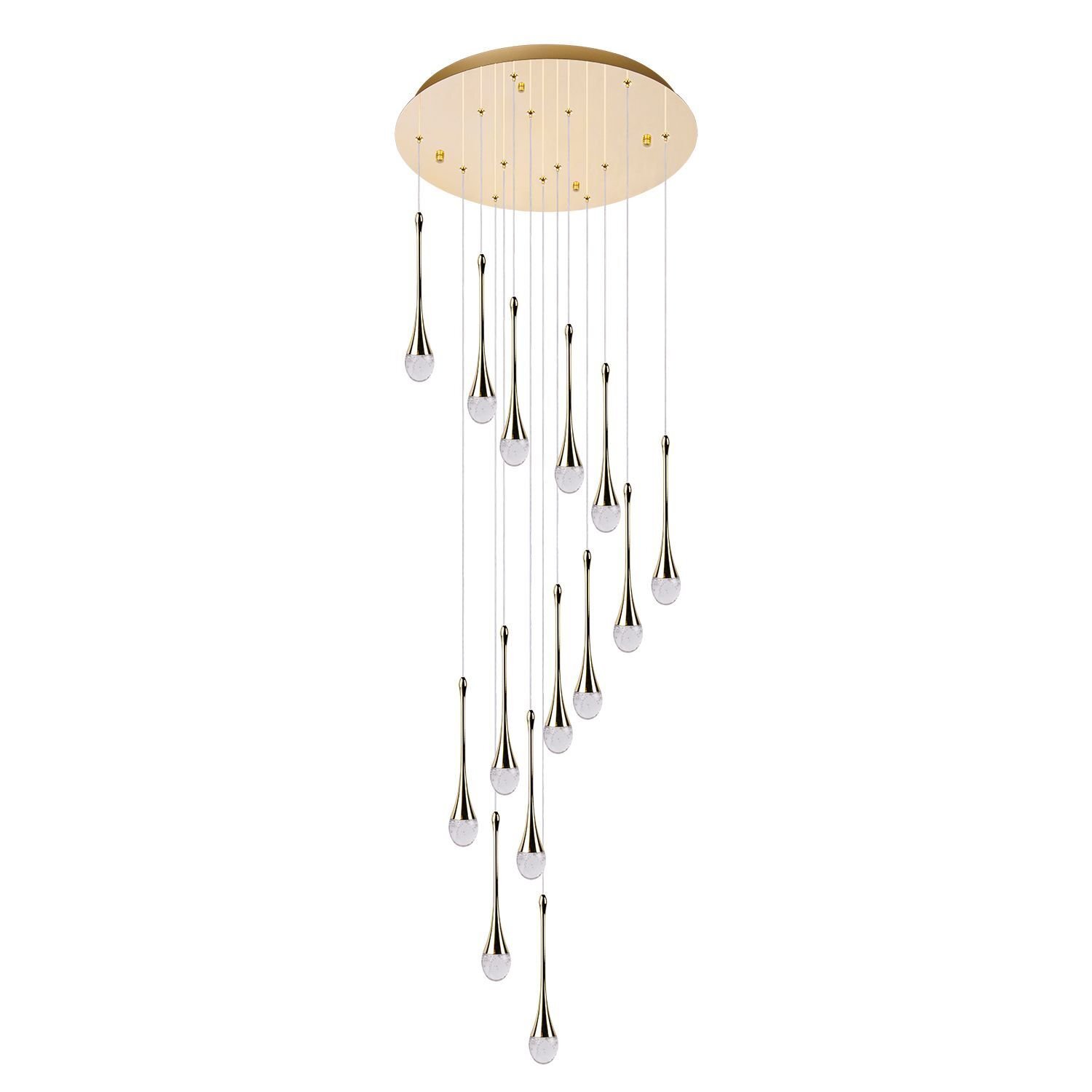 Lampa wisząca LED z okrągłą, złotą podstawą i wieloma zwisającymi, smukłymi elementami w kształcie kropli. Każdy element zakończony jest przezroczystą końcówką.