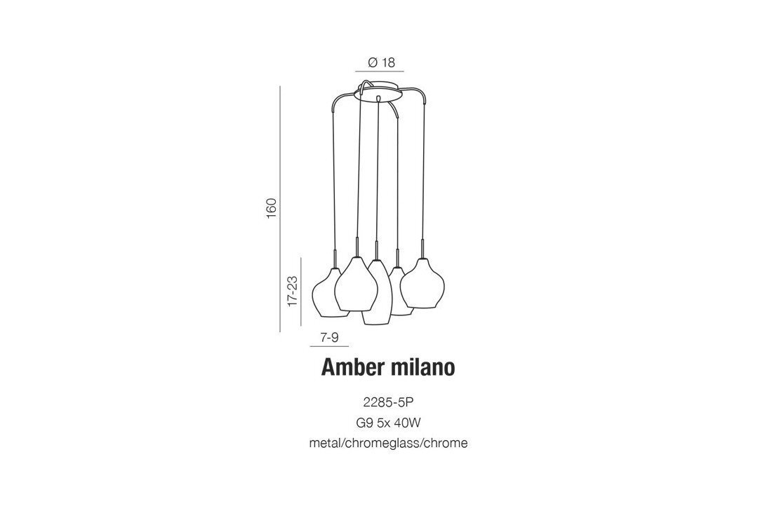 Schematyczny rysunek lampy wiszącej z pięcioma kloszami, z wymiarami podanymi w centymetrach. Tekst na obrazie: \'Amber milano 2285-5P G9 5x 40W metal/chrome glass/chrome\'.