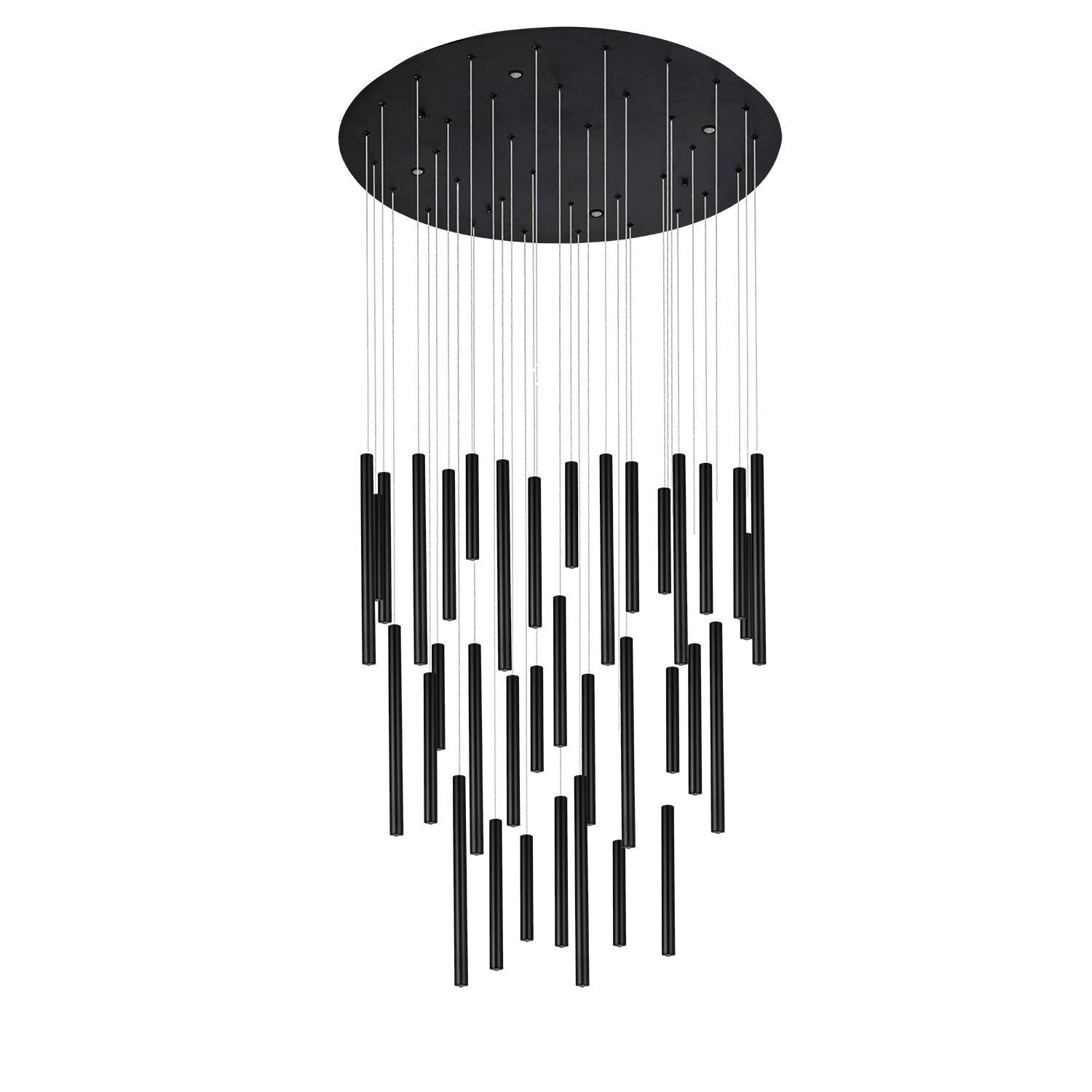 Lampa wisząca LED z czarną, okrągłą podstawą i licznymi cienkimi, pionowymi elementami w formie prętów. Elementy te są zawieszone na cienkich linkach, tworząc nowoczesny i elegancki design.