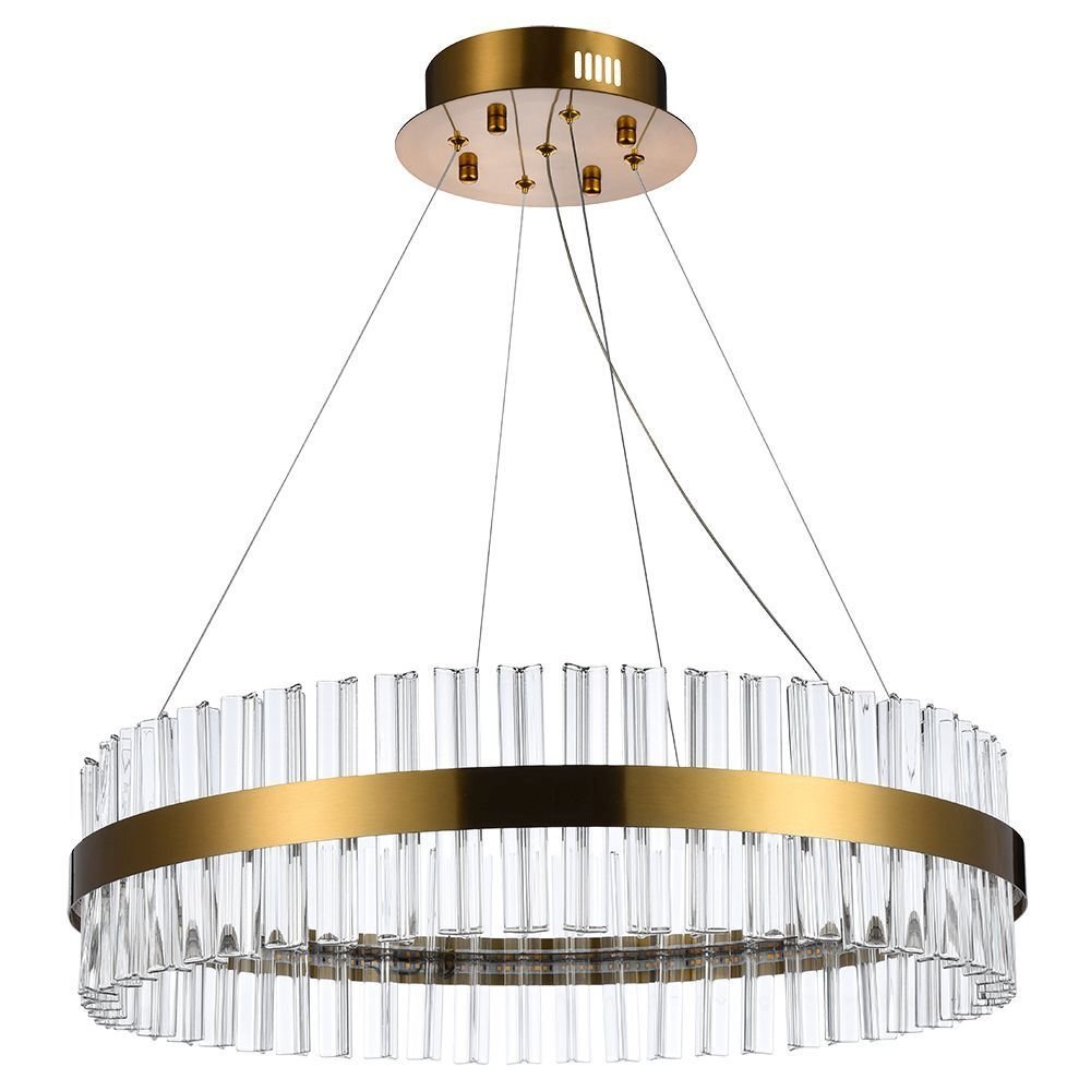 Lampa wisząca LED o nowoczesnym designie, składająca się z okrągłego, złotego pierścienia z przezroczystymi elementami szklanymi. Lampa jest zawieszona na cienkich metalowych linkach przymocowanych do okrągłej podstawy sufitowej.