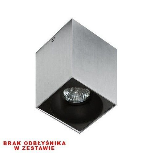 Kwadratowa, metaliczna oprawa natynkowa z widocznym miejscem na żarówkę. Na dole widoczny jest tekst: \'BRAK ODBŁYŚNIKA W ZESTAWIE\'.