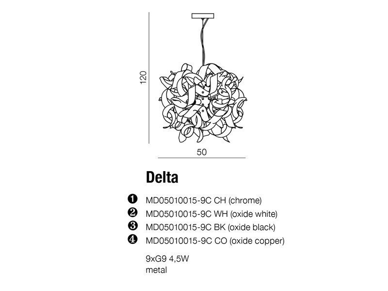 Schemat lampy wiszącej z wymiarami 120 cm wysokości i 50 cm szerokości. Tekst: \'Delta MD05010015-9C CH (chrome), MD05010015-9C WH (oxide white), MD05010015-9C BK (oxide black), MD05010015-9C CO (oxide copper), 9xG9 4,5W metal\'.