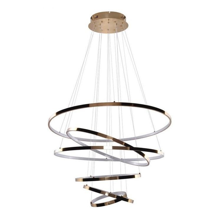 Lampa wisząca o nowoczesnym designie składająca się z kilku metalowych obręczy zawieszonych na cienkich linkach. Obręcze mają różne rozmiary i są ułożone w spiralny kształt.