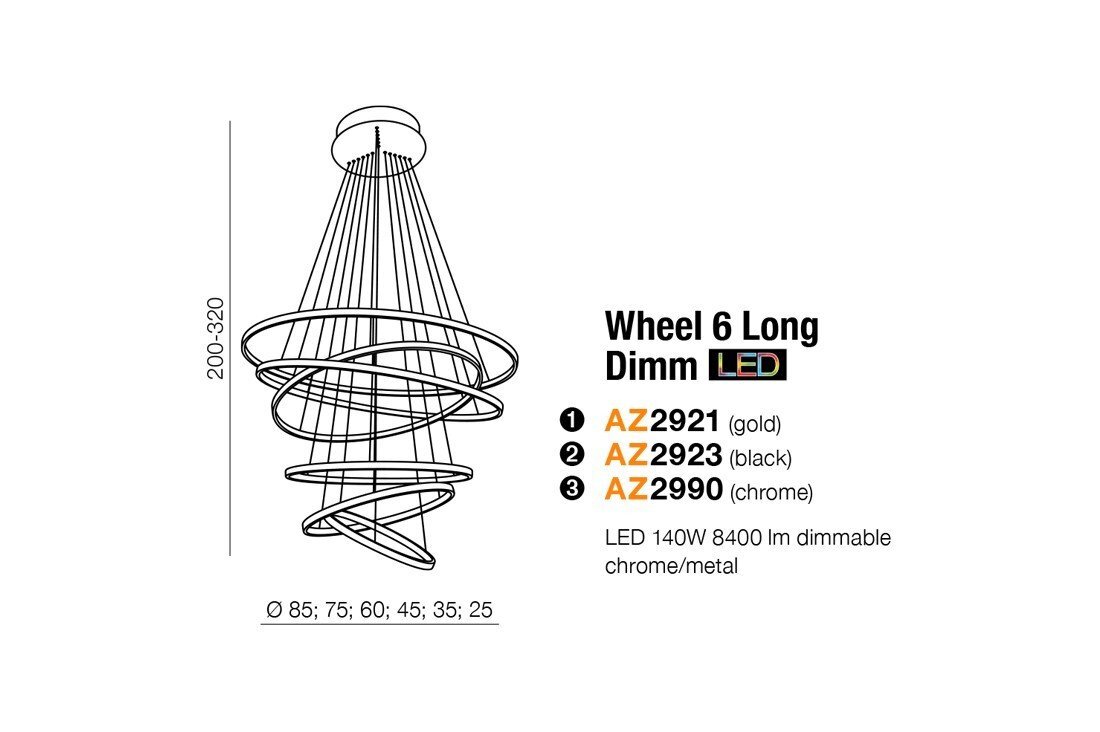 Schematyczny rysunek lampy wiszącej z sześcioma okrągłymi elementami. Obok znajduje się tekst: \'Wheel 6 Long Dimm LED\', \'AZ2921 (gold)\', \'AZ2923 (black)\', \'AZ2990 (chrome)\', \'LED 140W 8400 lm dimmable chrome/metal\'.