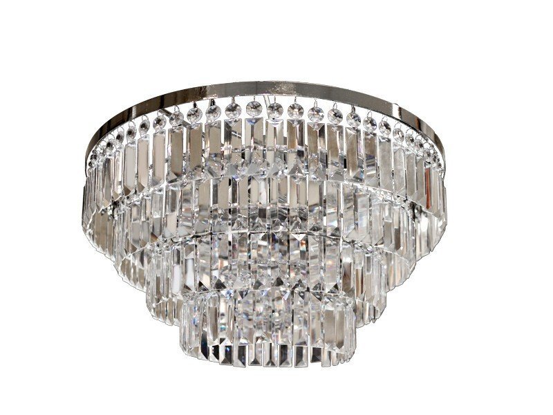 Lampa sufitowa złożona z kilku poziomów przezroczystych kryształów, tworzących efektowną, błyszczącą konstrukcję.