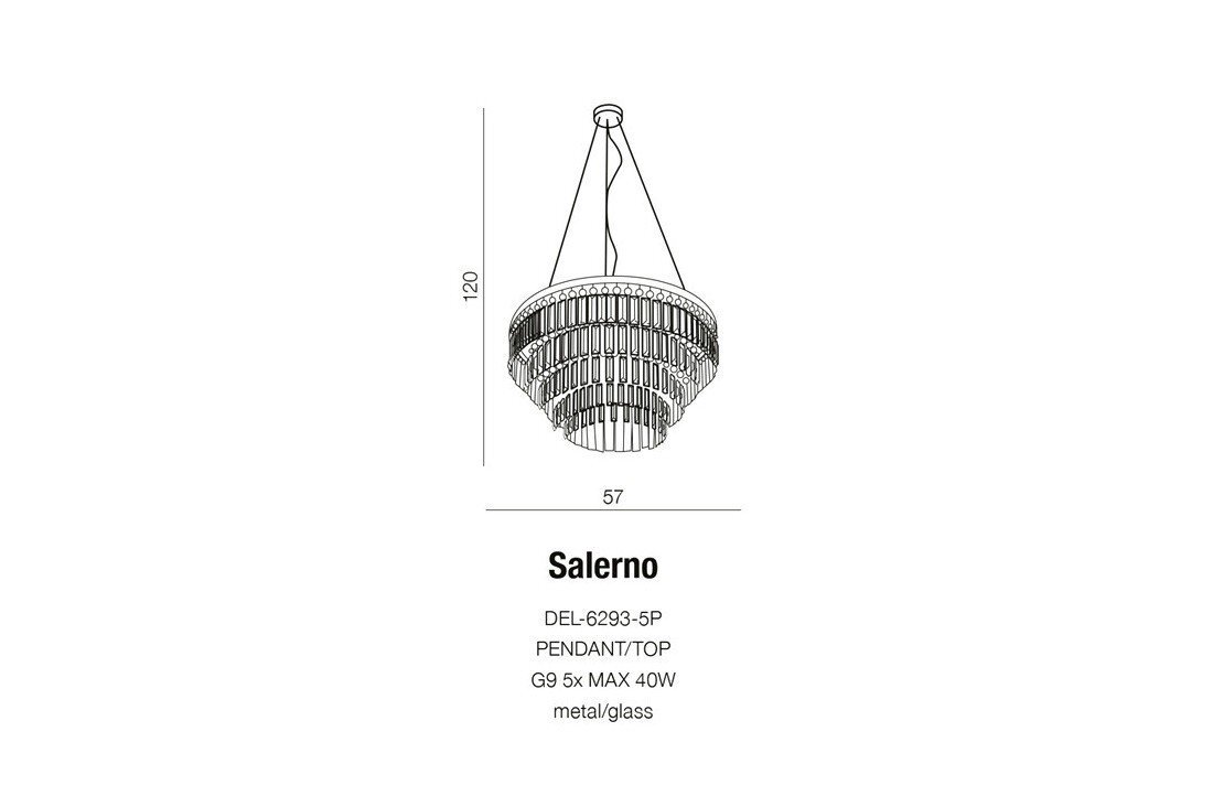 Schematyczny rysunek lampy wiszącej z wymiarami 120 cm wysokości i 57 cm szerokości. Pod rysunkiem znajduje się tekst: \'Salerno DEL-6293-5P PENDANT/TOP G9 5x MAX 40W metal/glass\'.