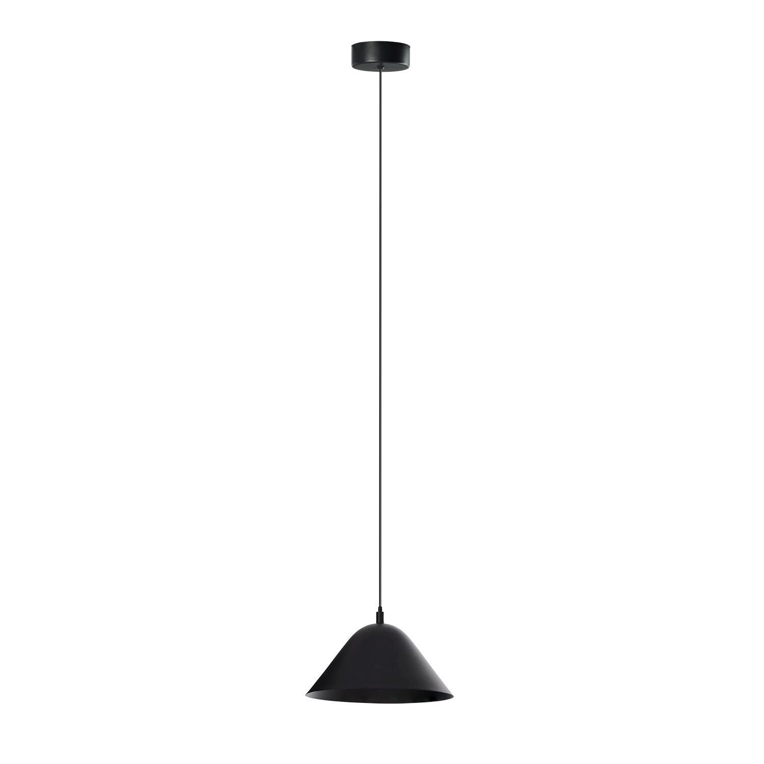 Lampa wisząca w kolorze popielatym z siatkowym kloszem, zawieszona na długim przewodzie, z widoczną żarówką wewnątrz. Tło jest jednolite i białe.